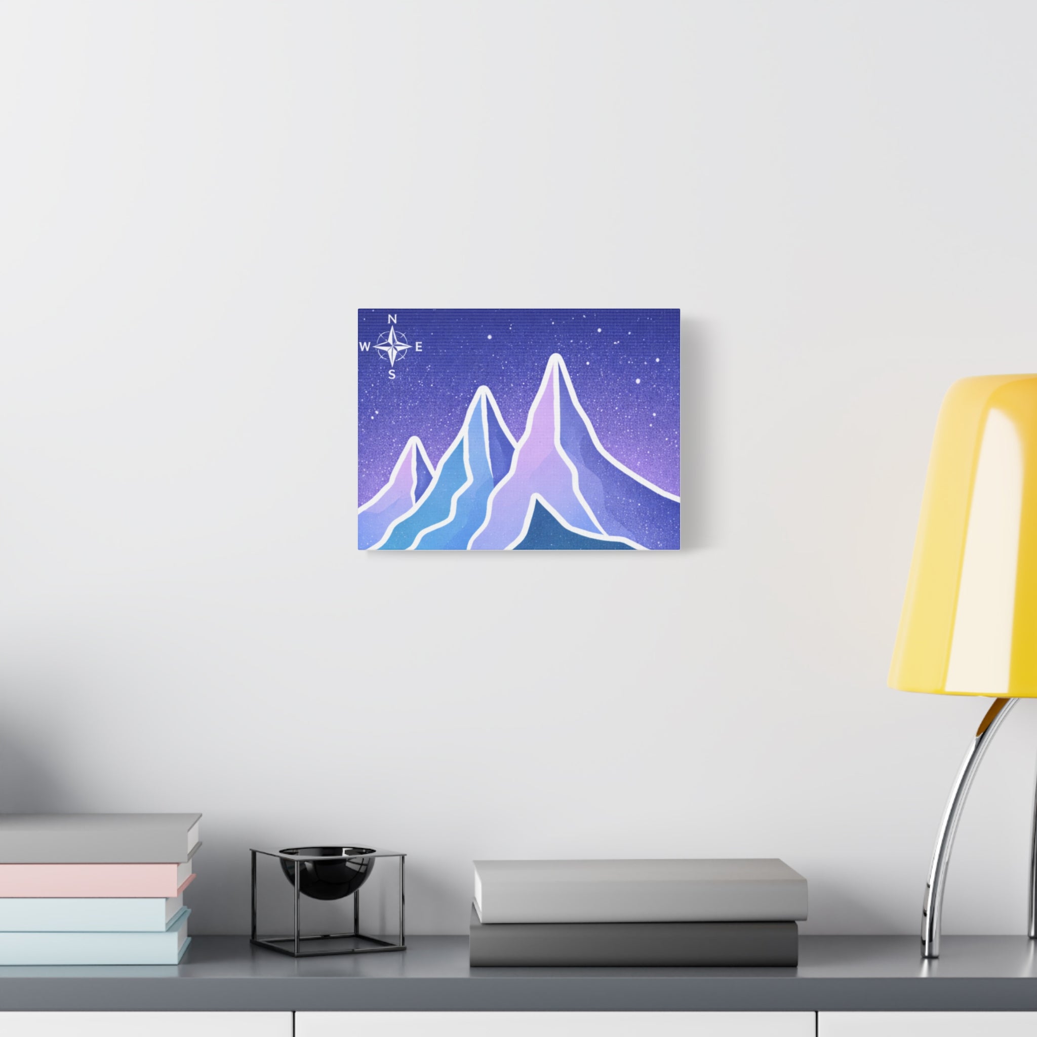 Mountain Night Canvas Art | Purple Blue Peaks with Compass Wall Decor