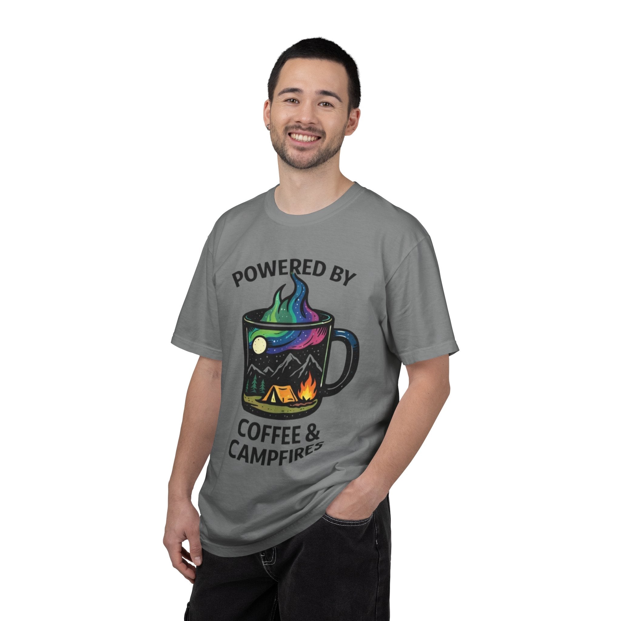 Powered by Coffee & Campfires T-shirt | Camping Mug Nature Graphic