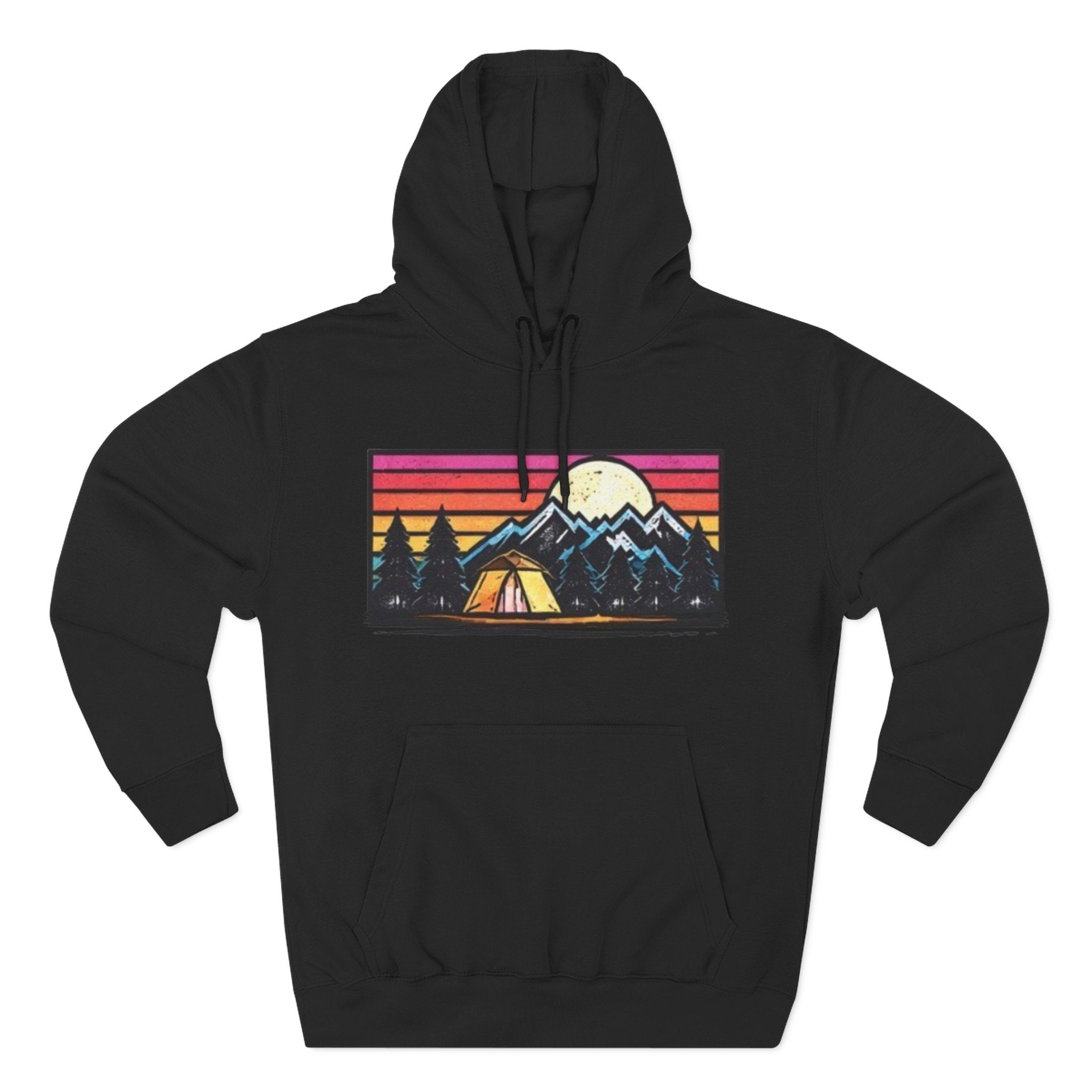 Retro Mountain Camping Hoodie — Sunrise Tent Graphic Fleece Hoodie