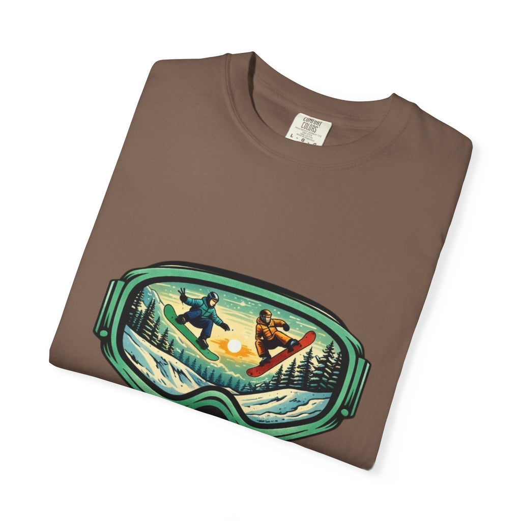 Snowboard Goggles Graphic T-Shirt | Mountain Scene with Ride the Ridge Design