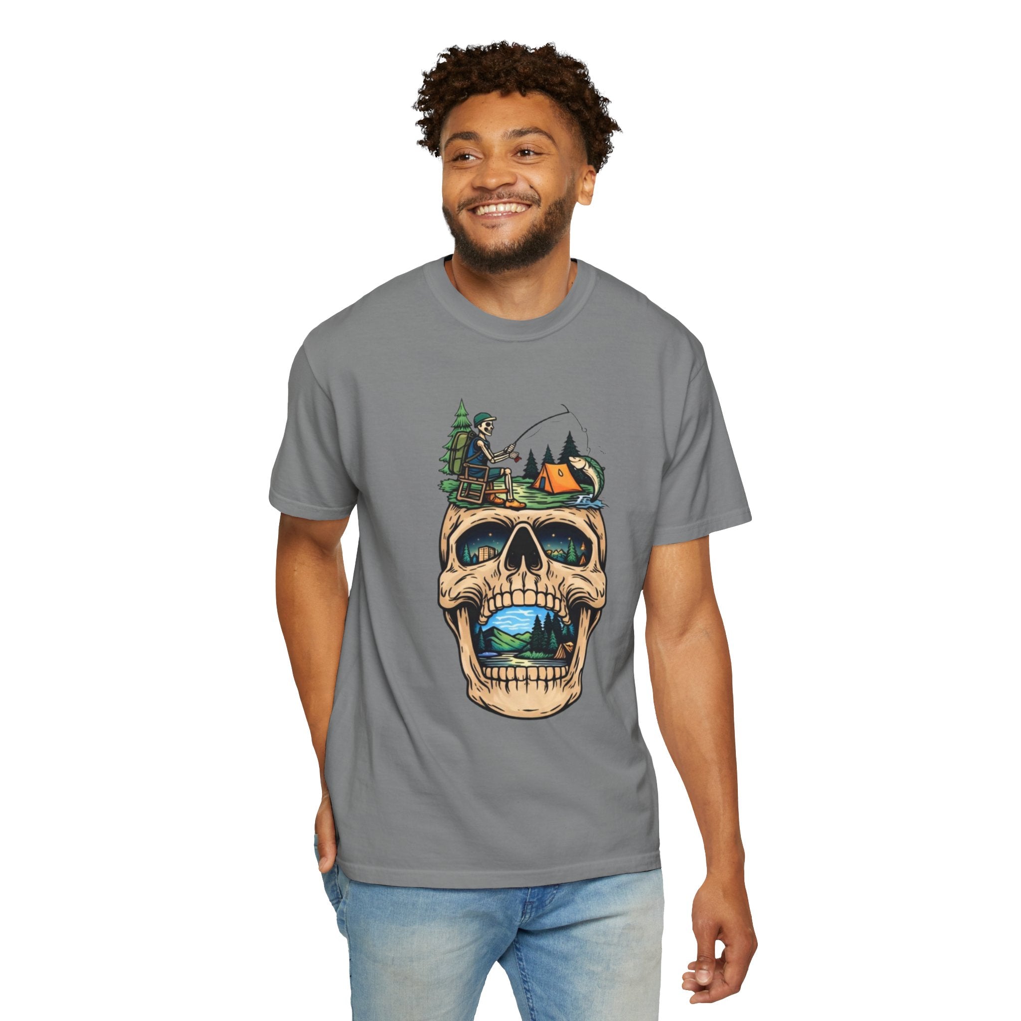 Skull Camping Scene T-shirt | Fishing Camper, Tent & Forest Graphic