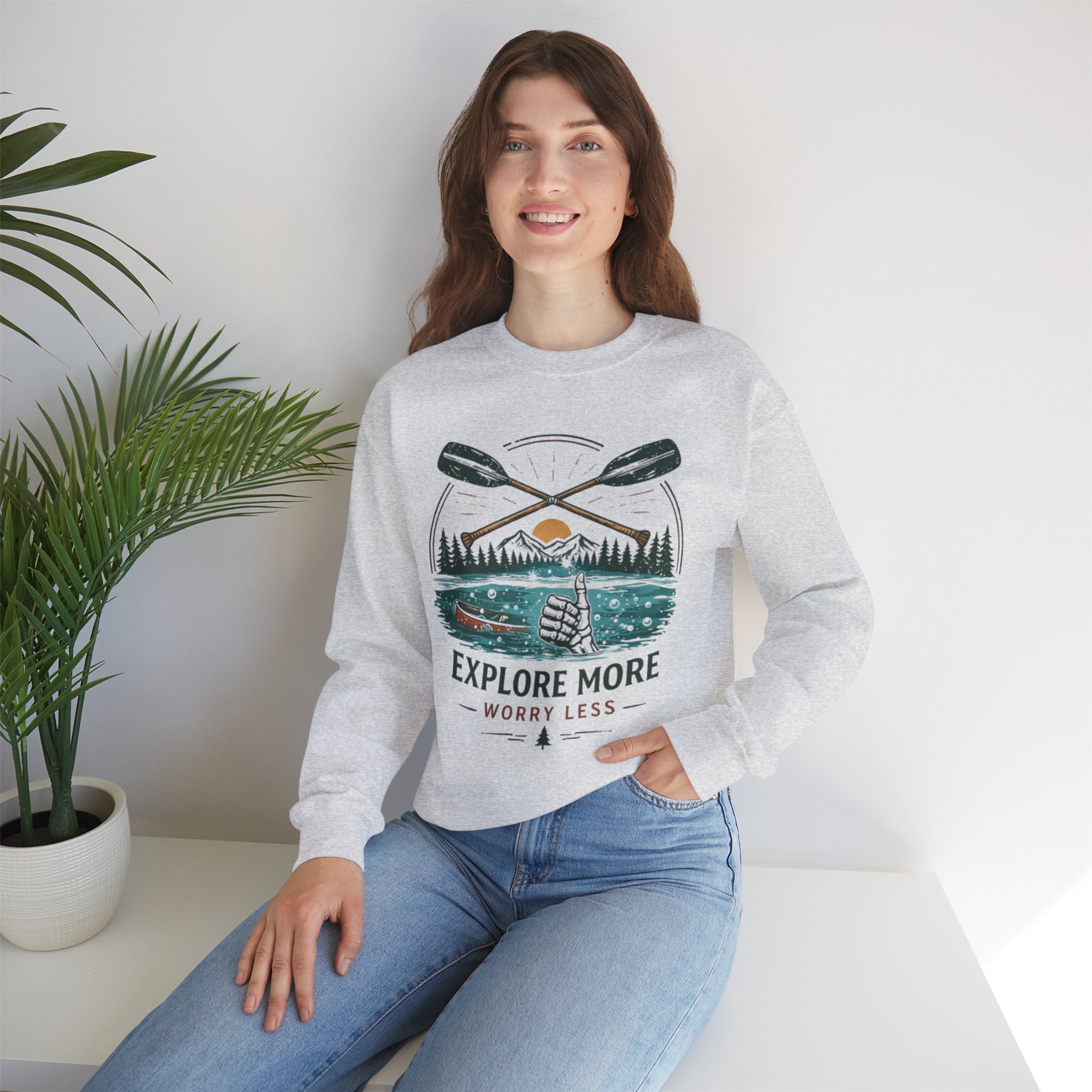 Crewneck Sweatshirt | "Explore More Worry Less" Outdoor Adventure Graphic