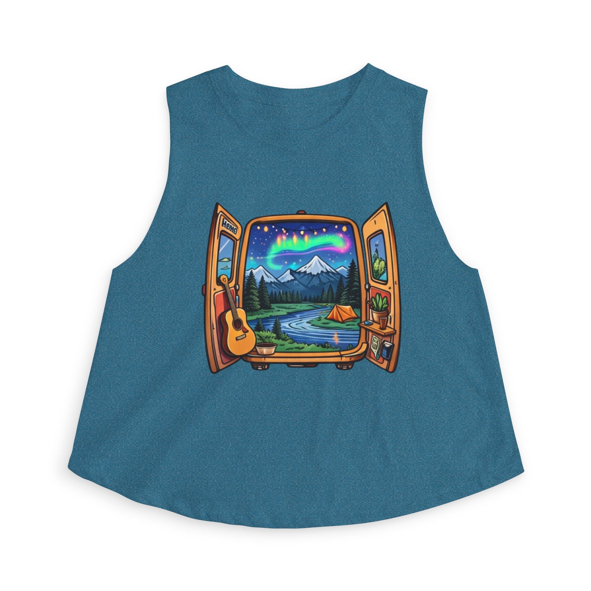 Adventure Window Crop Top | Mountain Camping, Aurora & Guitar Graphic