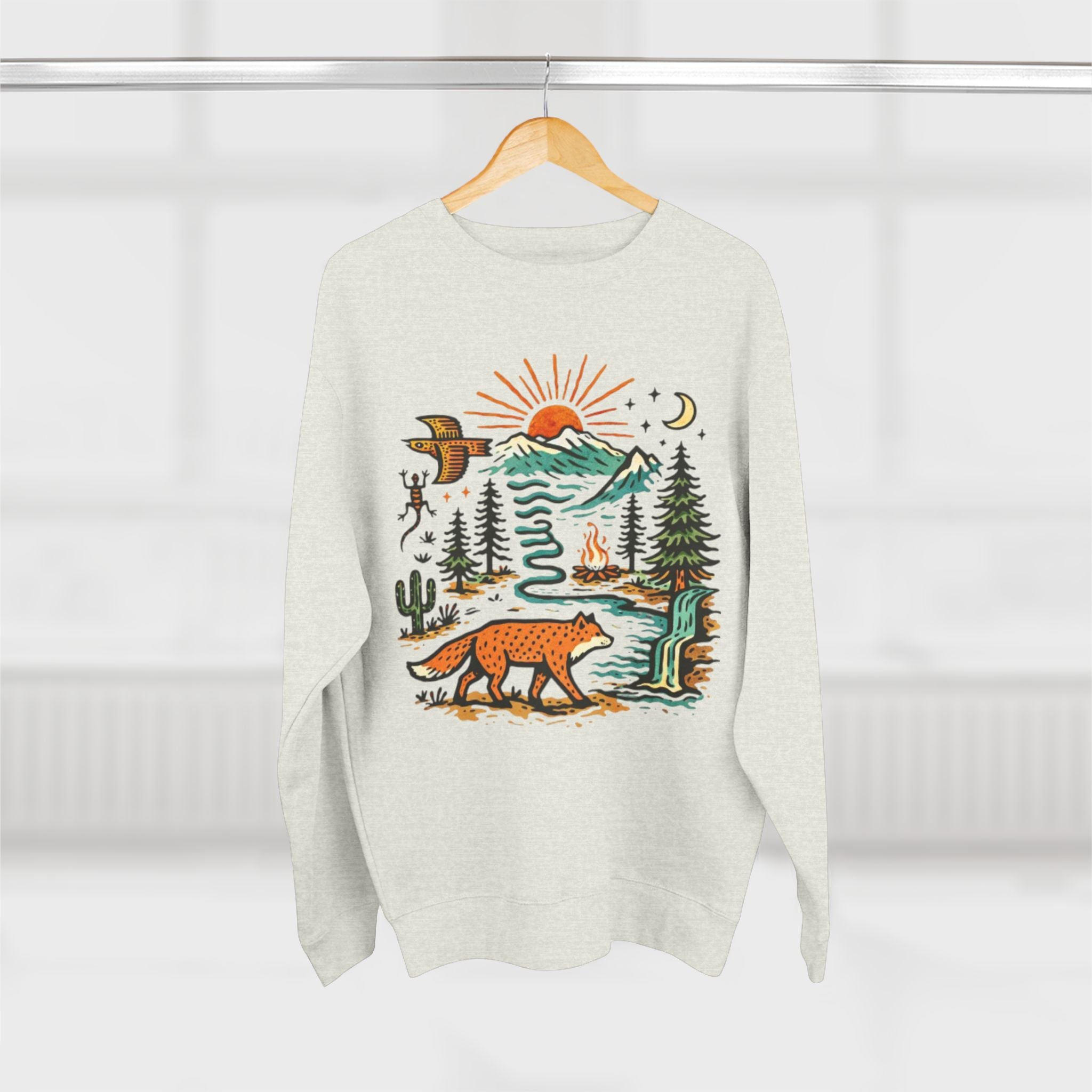 Nature Scene Sweatshirt | Mountain Adventure with Fox & Campfire Graphic