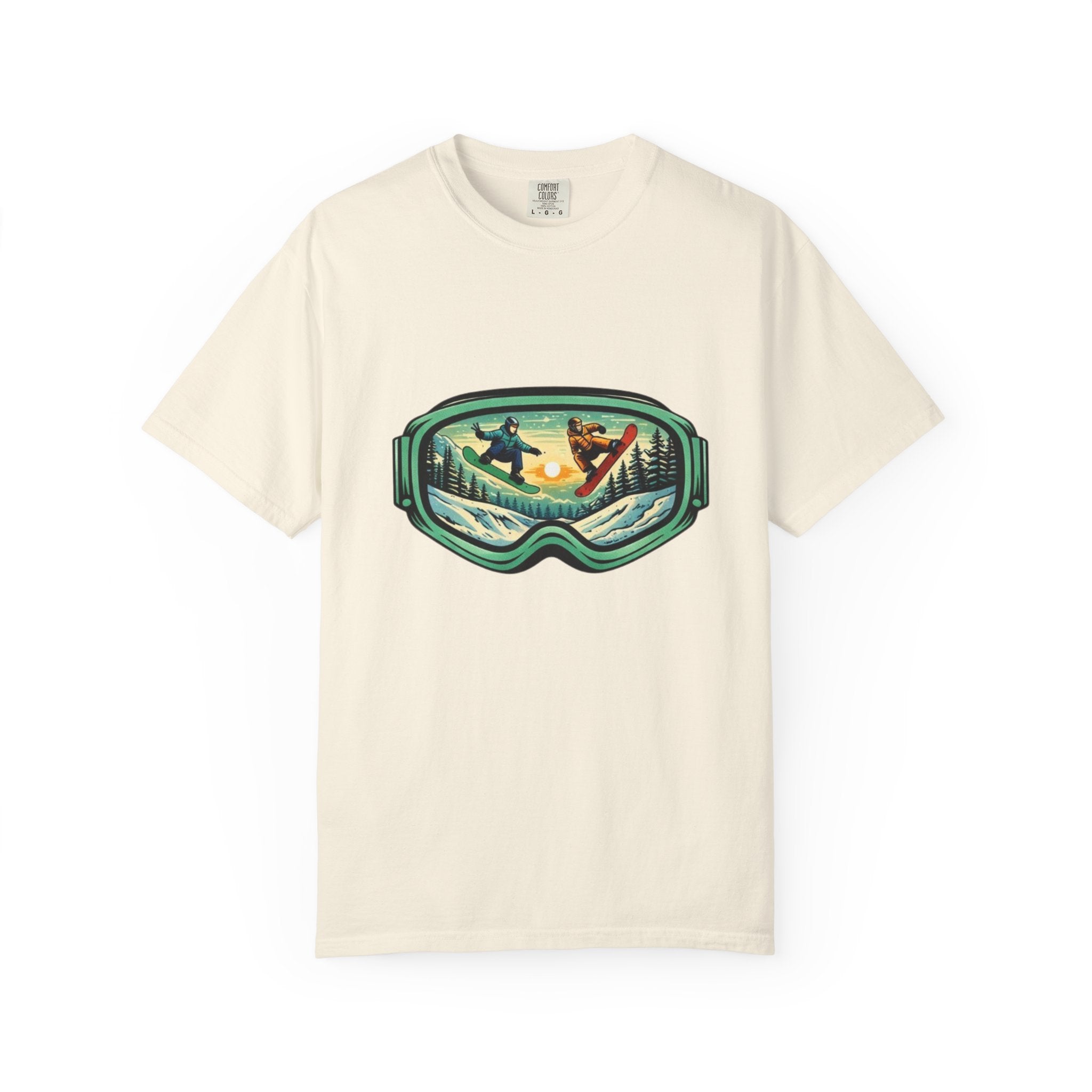 Snowboard Goggles Graphic T-Shirt | Mountain Scene with Ride the Ridge Design