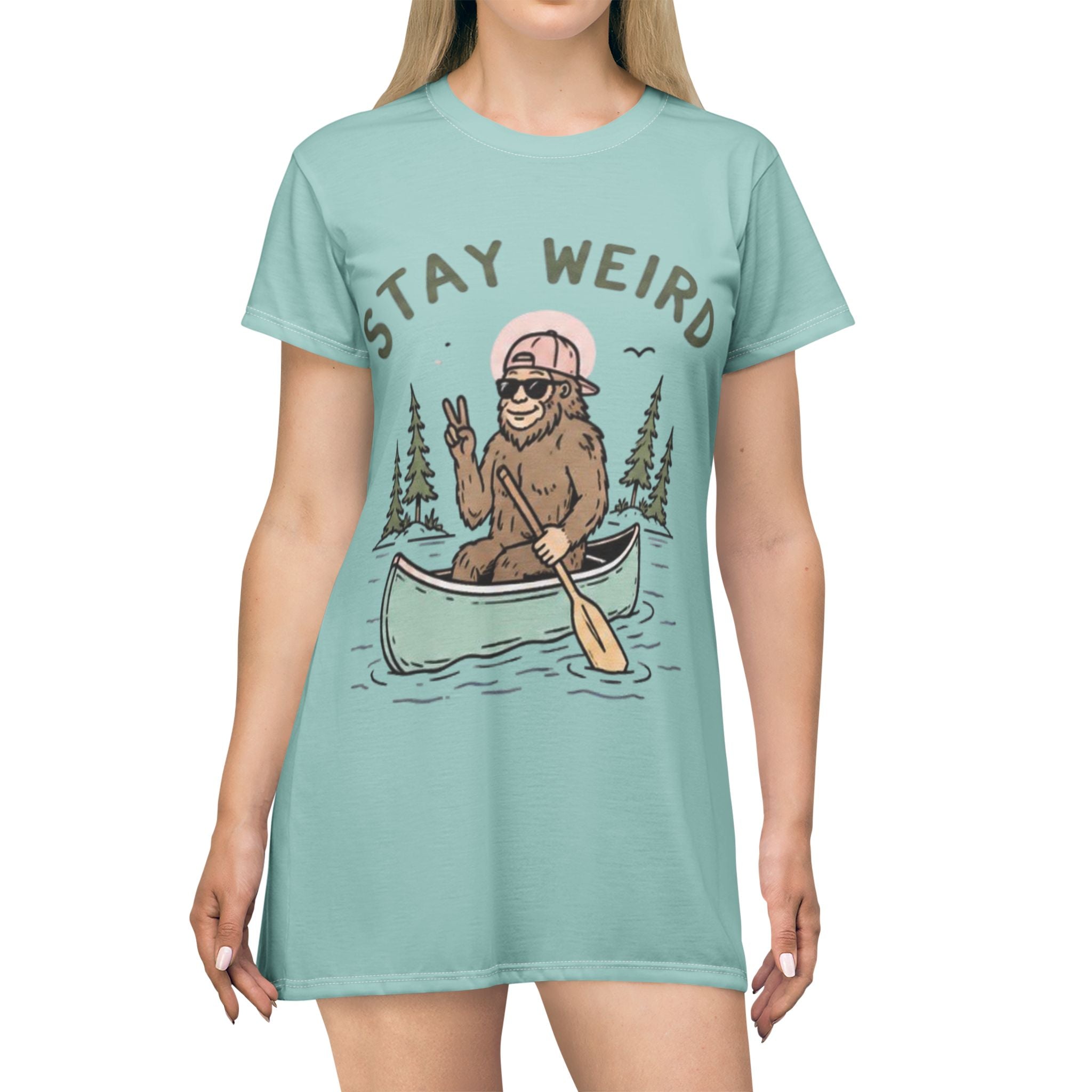 Stay Weird Canoe Bigfoot T-Shirt Dress | Cute Outdoor Graphic Dress