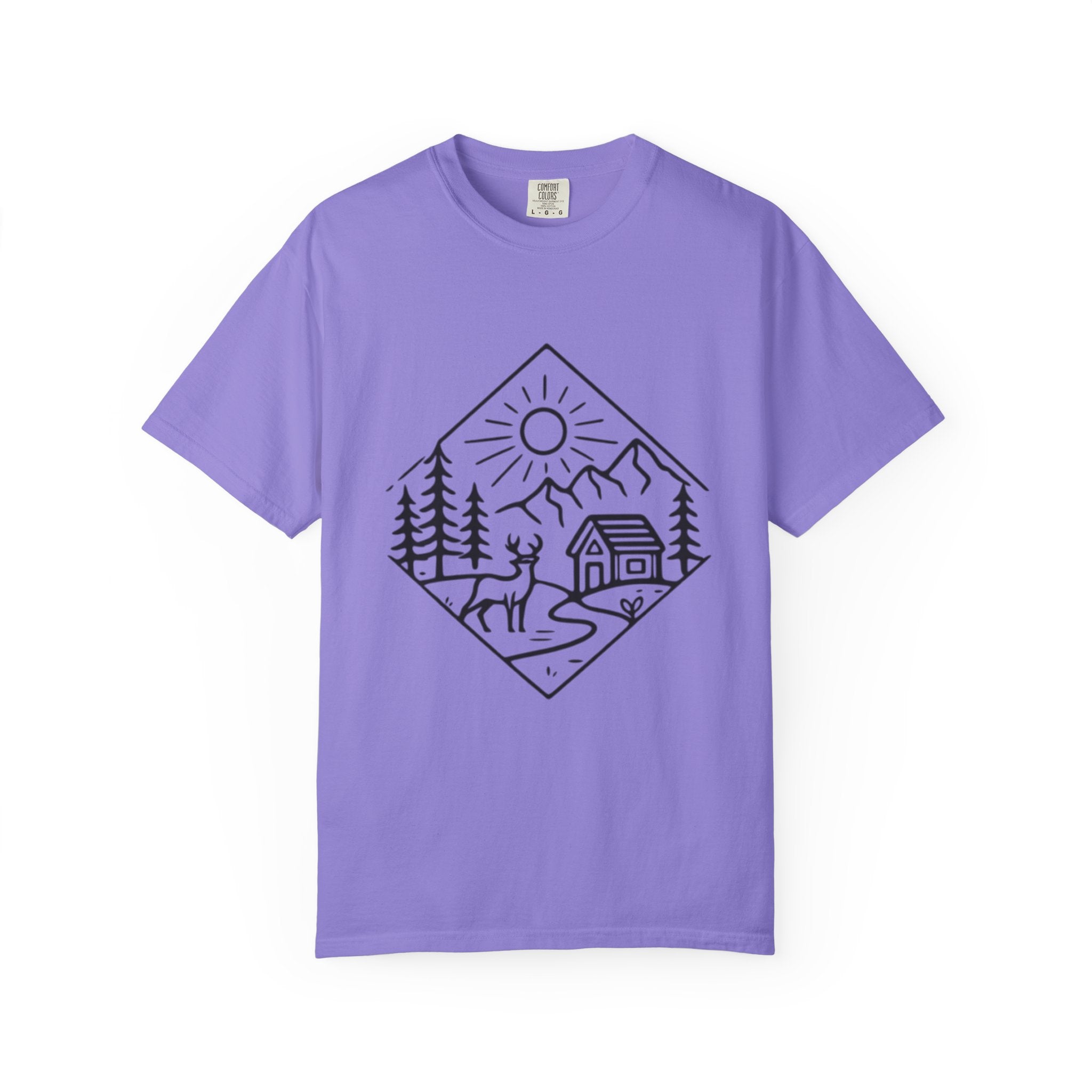 Cabin Adventure Graphic T-Shirt | Mountain, Deer & Forest Line Art