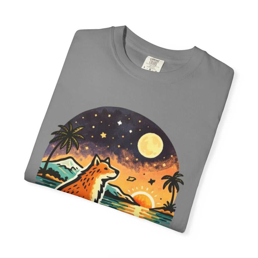 Fox Sunset T-Shirt - Beach Fox Graphic Tee with Skull, Moon & Palm Trees