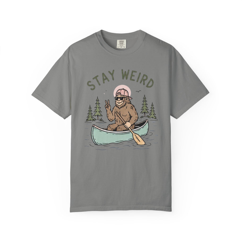 Stay Weird Canoe T-Shirt | Funny Bigfoot Paddling Outdoors Graphic Tee