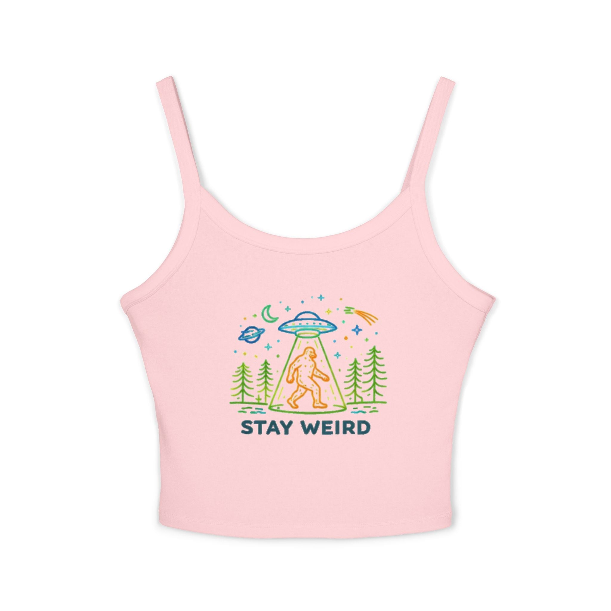 Spaghetti Tank | "Stay Weird" Alien Abduction Graphic Crop Top