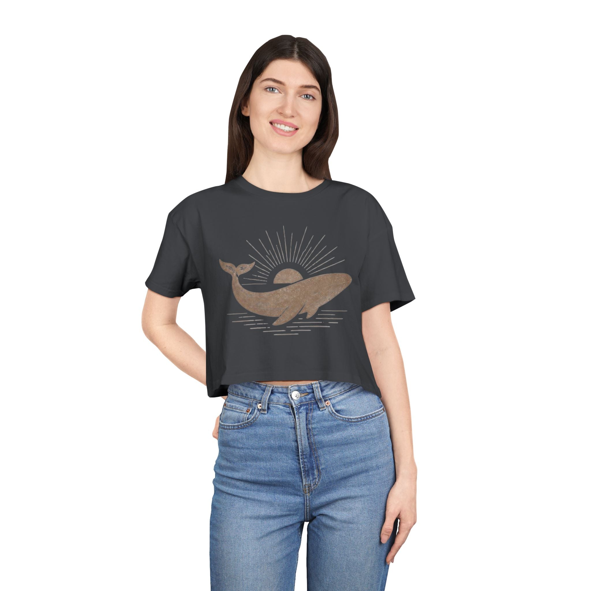 Whale Sunset Crop Tee | Vintage Ocean Graphic Womens Top