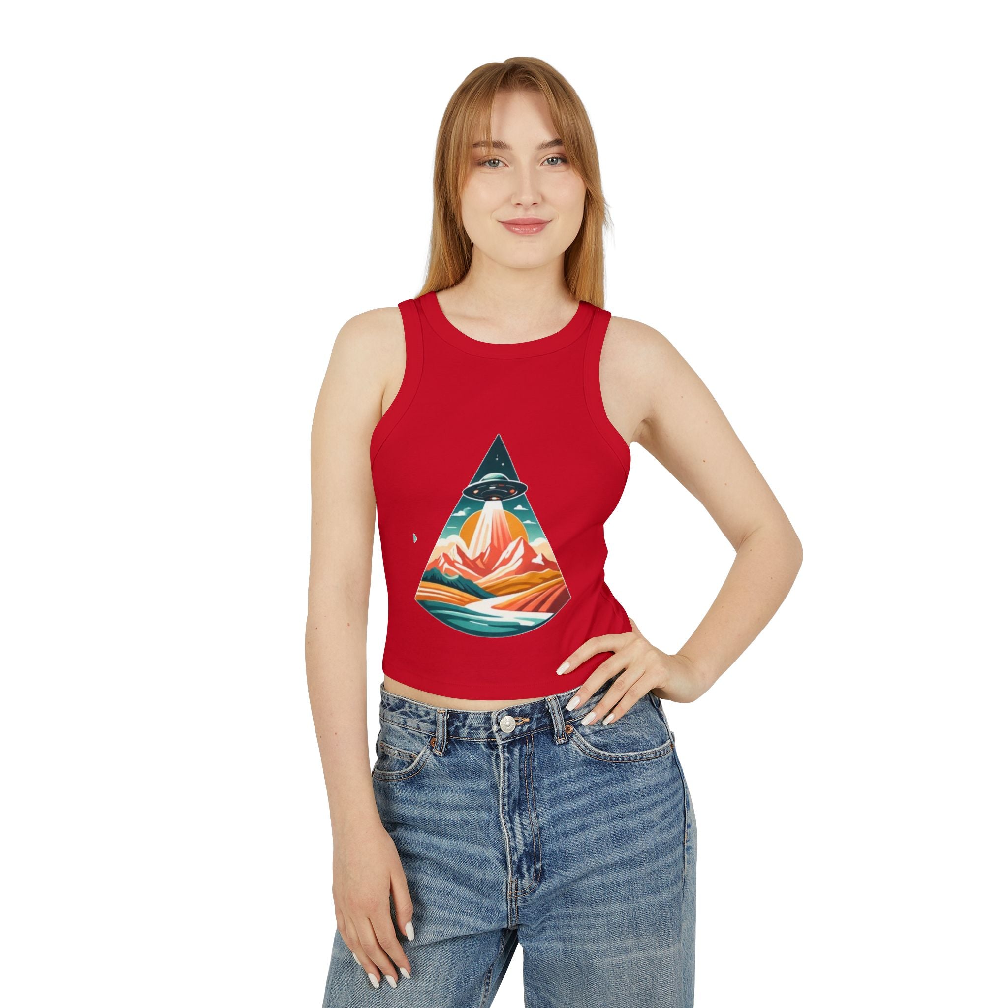 Ribbed Racer Tank Top | Retro UFO Mountain Graphic