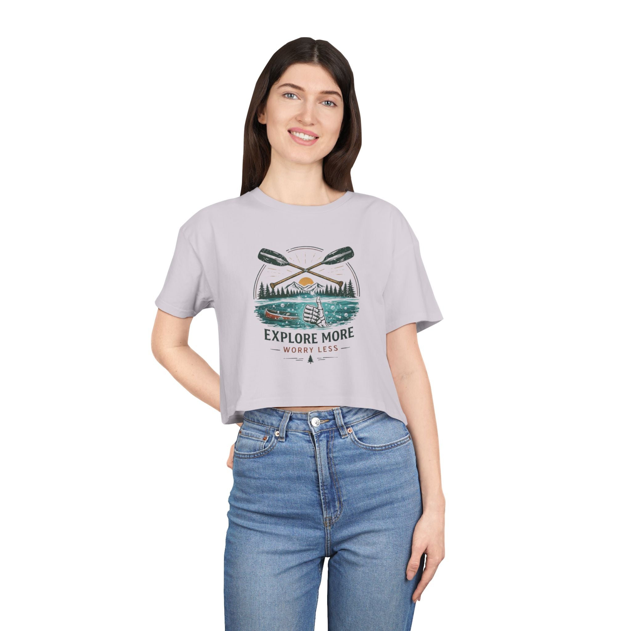 Crop Tee | Explore More "Worry Less" Outdoor Adventure Graphic