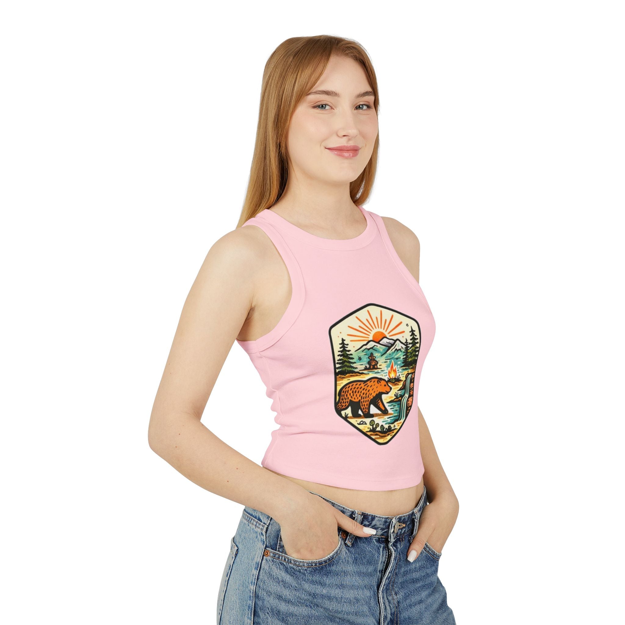Womens Racer Tank Top | Retro Bear Mountain Camp Graphic