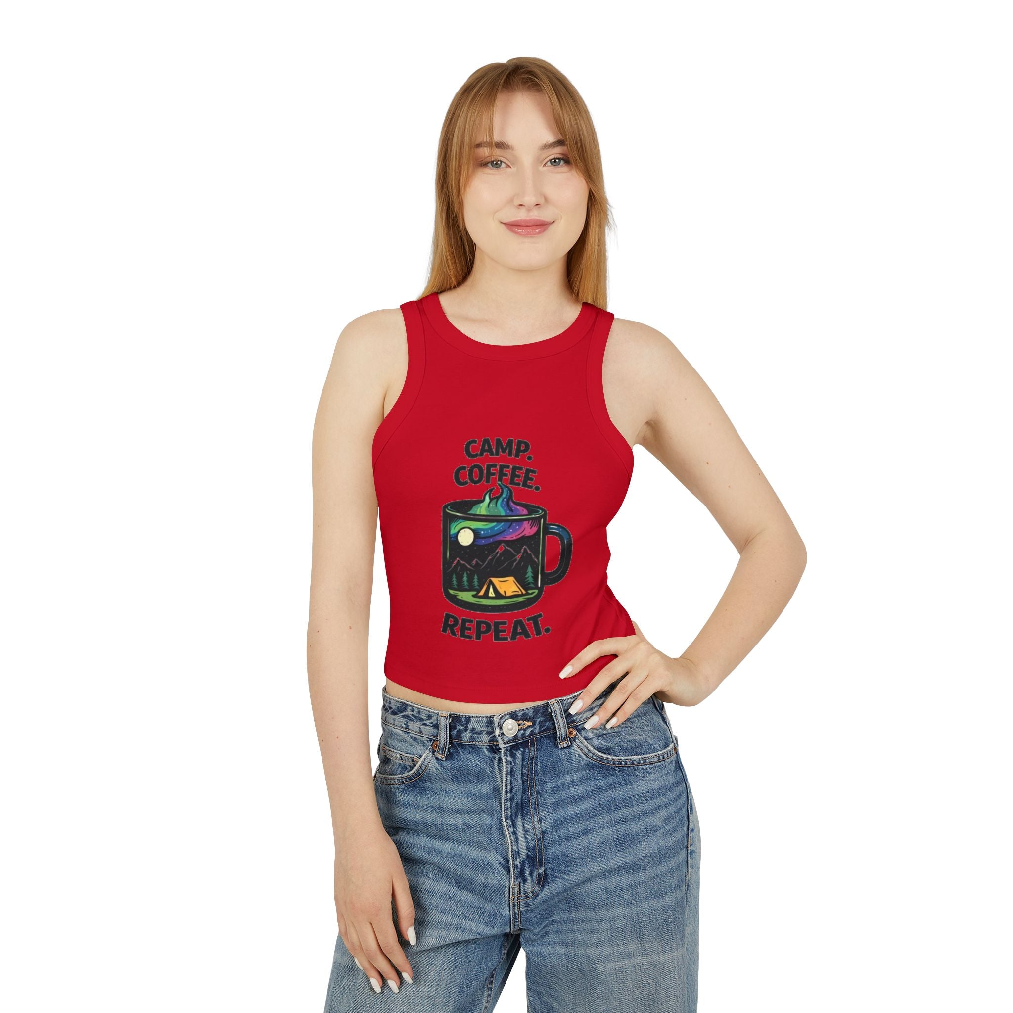 Camp Coffee Repeat Racer Tank | Womens Camping Coffee Graphic Tank Top