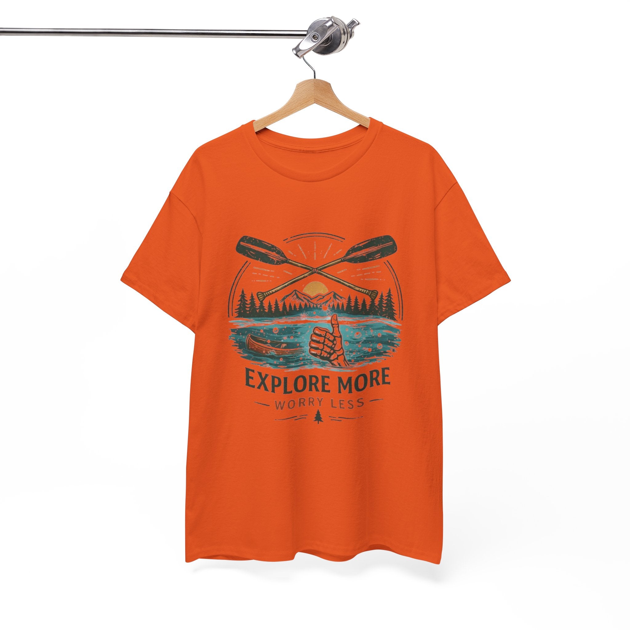 Explore More Worry Less T-Shirt | Outdoor Camping Canoe Graphic Skeleton Tee
