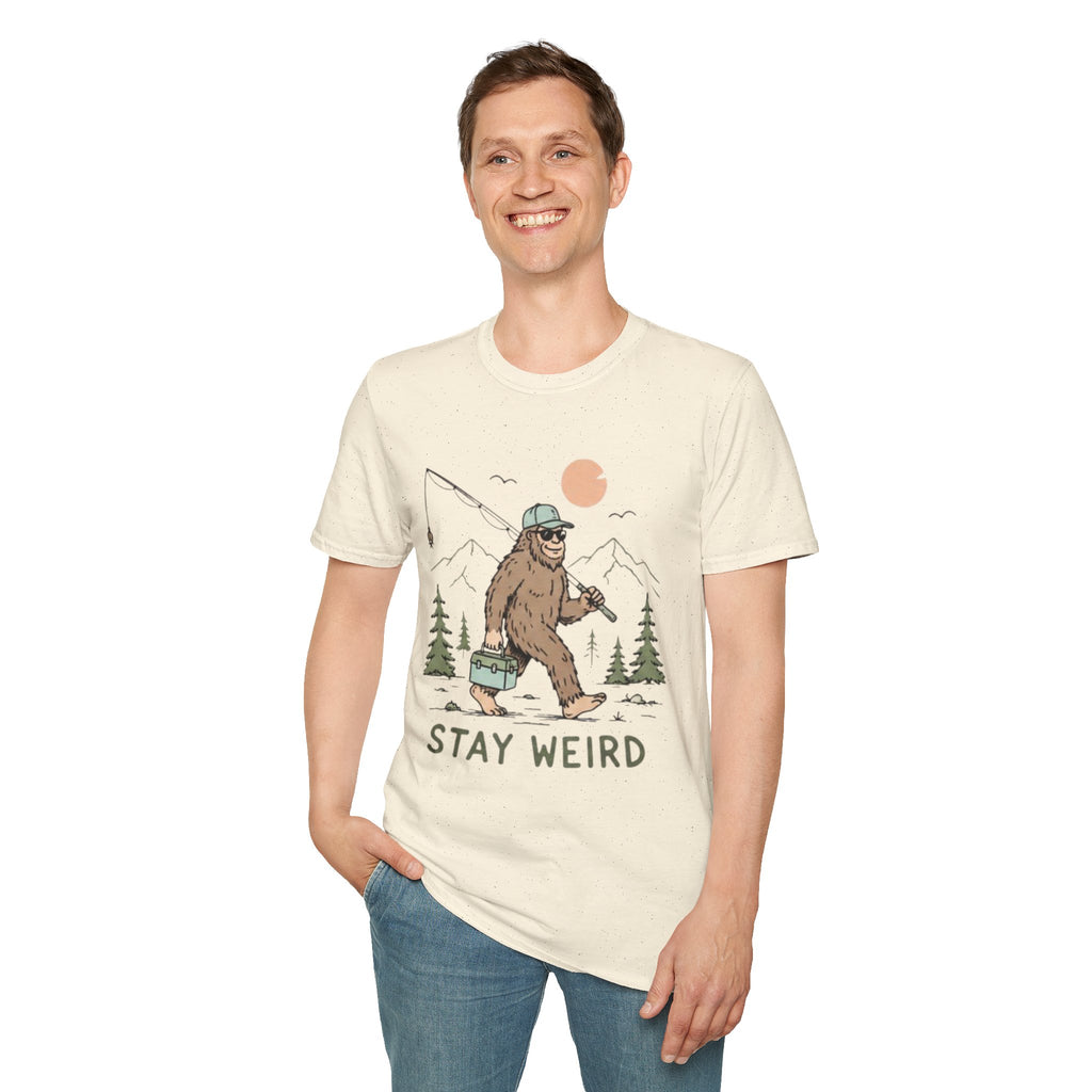 Stay Weird Bigfoot Fishing T-Shirt | Funny Sasquatch Graphic Tee for Nature Lovers