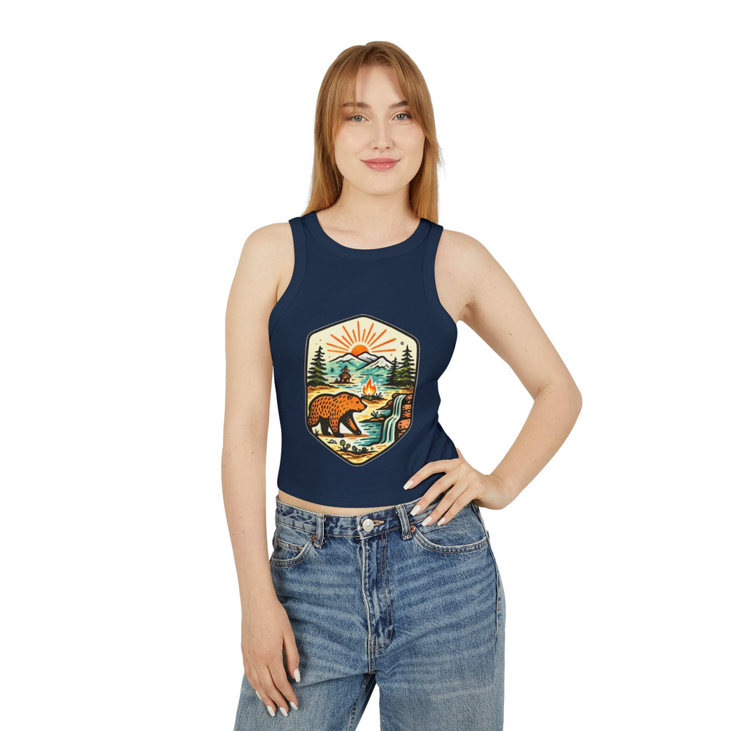 Womens Racer Tank Top | Retro Bear Mountain Camp Graphic