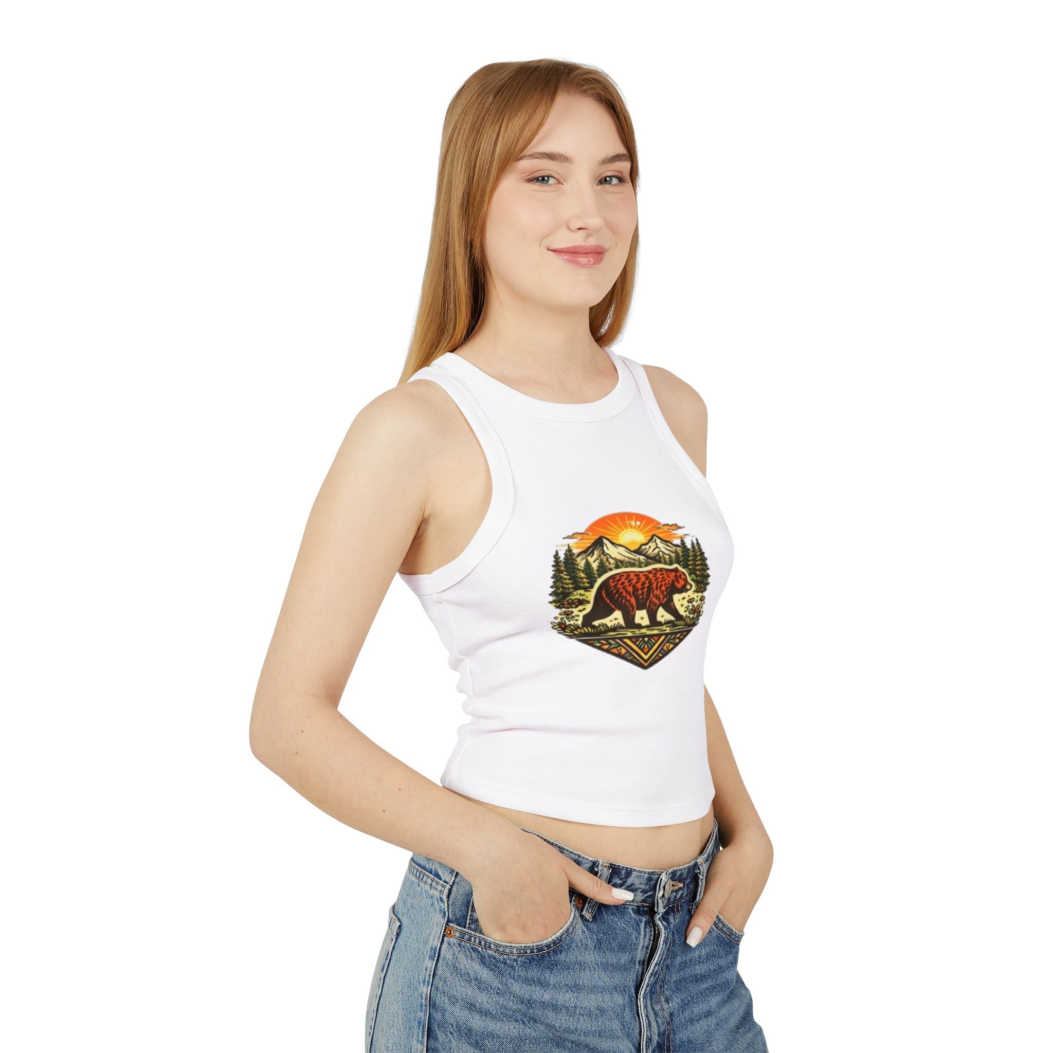 Bear Sunrise Racer Tank Top | Womens Graphic Nature Crop Tank