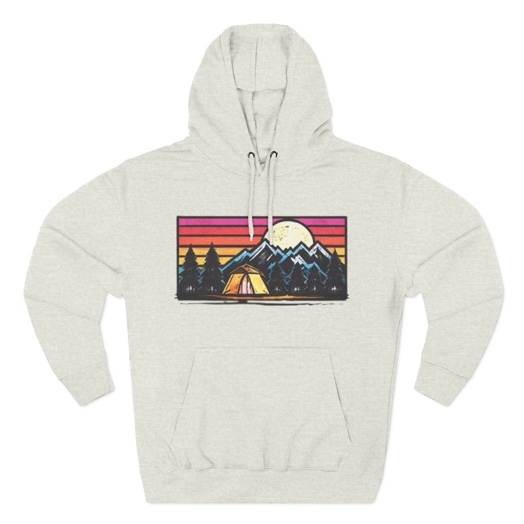 Retro Mountain Camping Hoodie — Sunrise Tent Graphic Fleece Hoodie