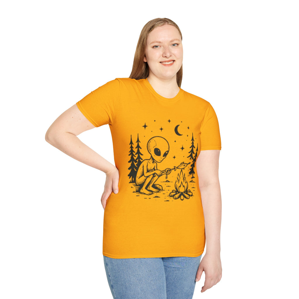 Alien Camping T-Shirt | Cute Space Alien Roasting Fish Graphic Tee