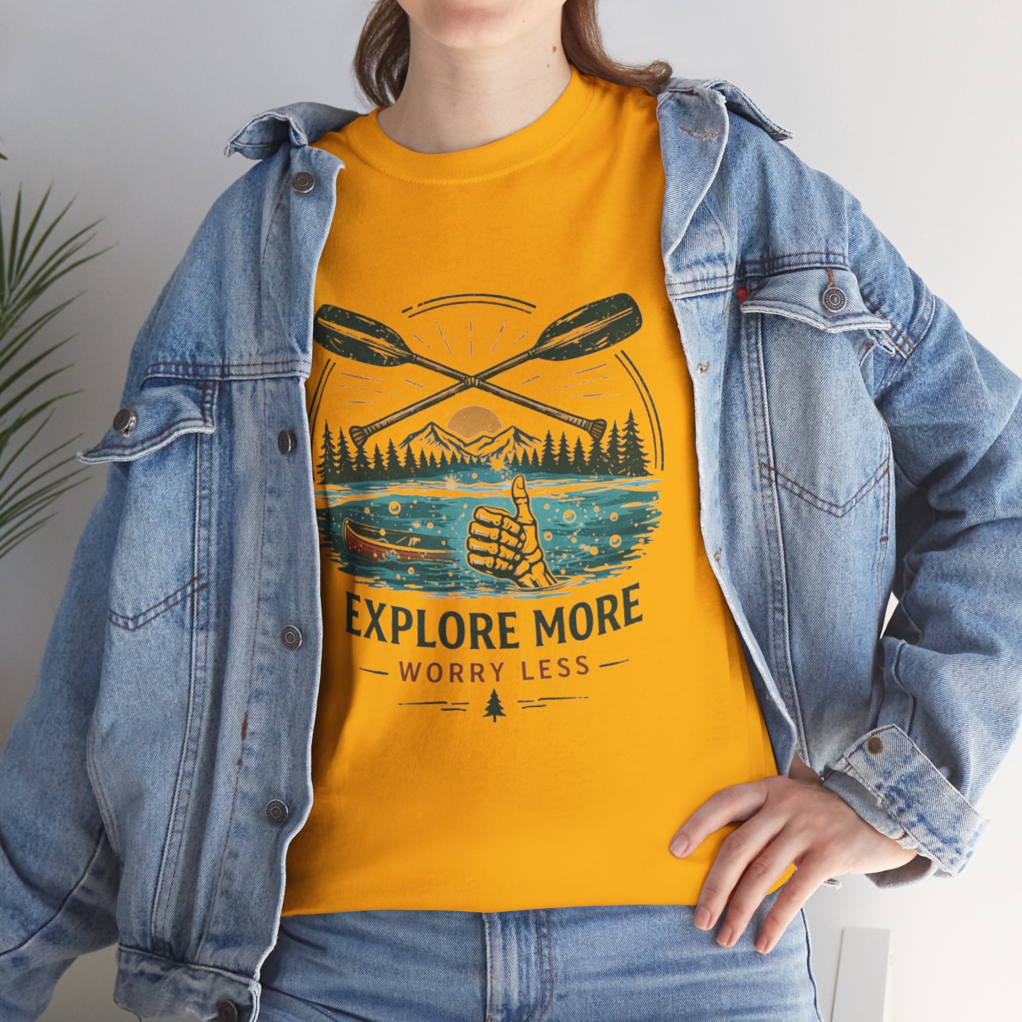 Explore More Worry Less T-Shirt | Outdoor Camping Canoe Graphic Skeleton Tee