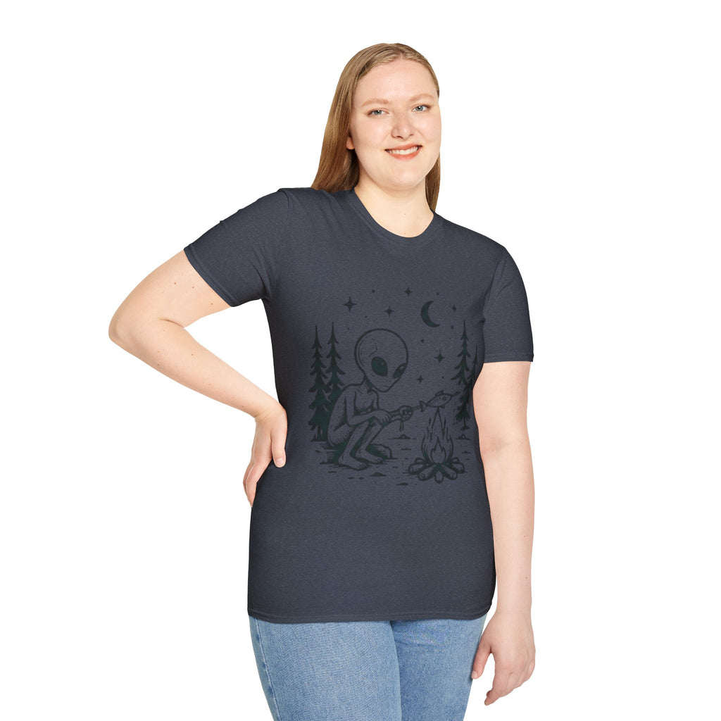 Alien Camping T-Shirt | Cute Space Alien Roasting Fish Graphic Tee