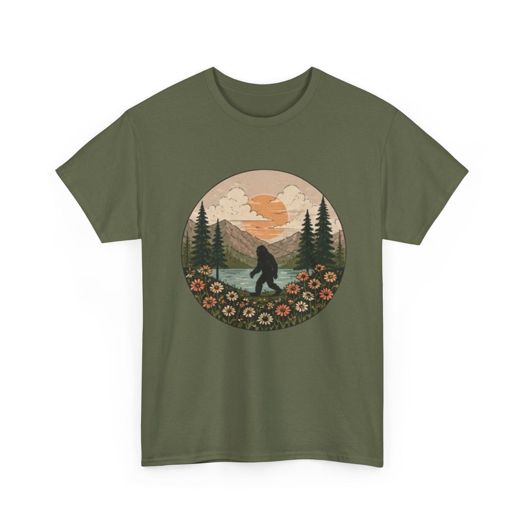 Bigfoot Meadow Retro Tee | Vintage Sasquatch with Flowers
