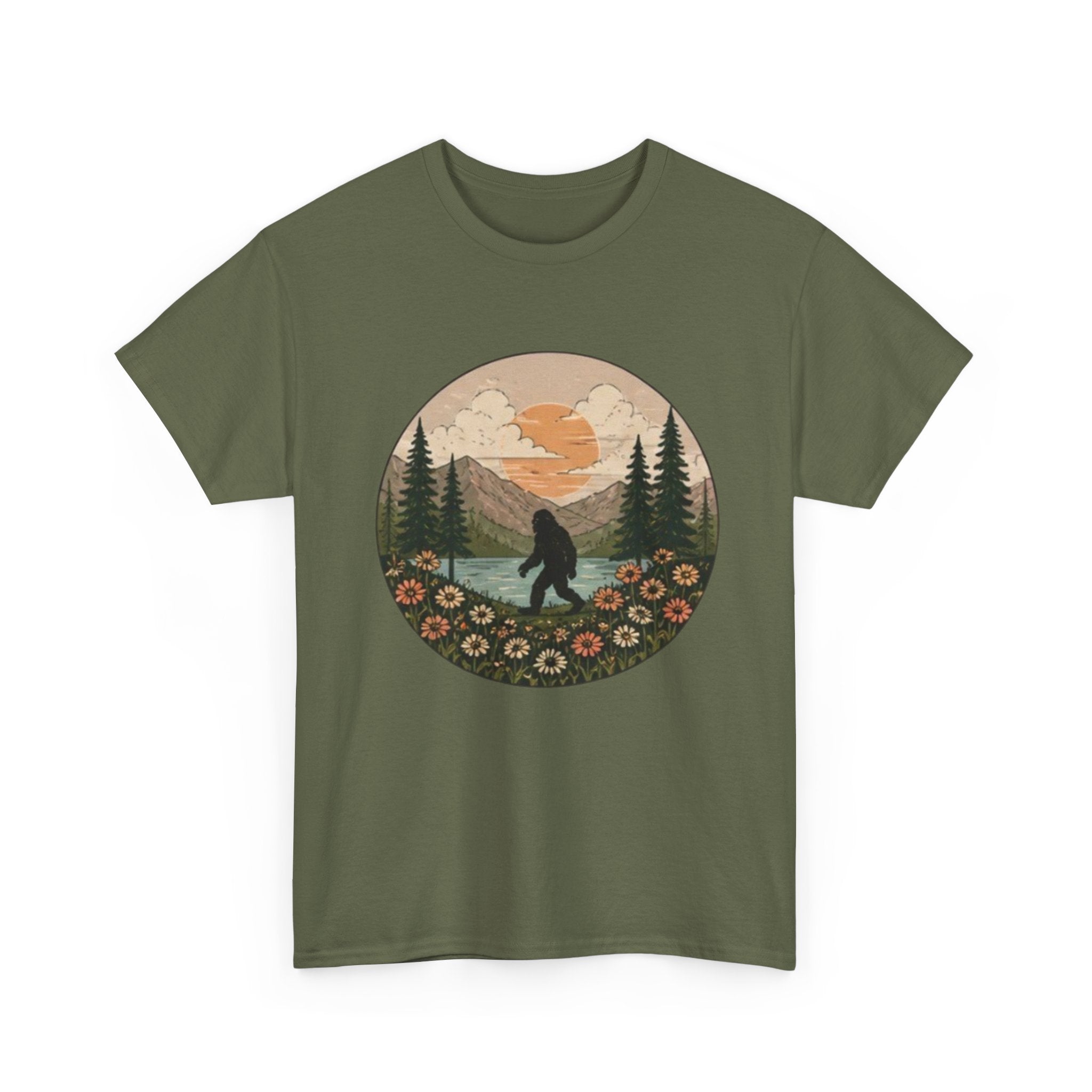 Bigfoot Meadow Retro Tee | Vintage Sasquatch with Flowers