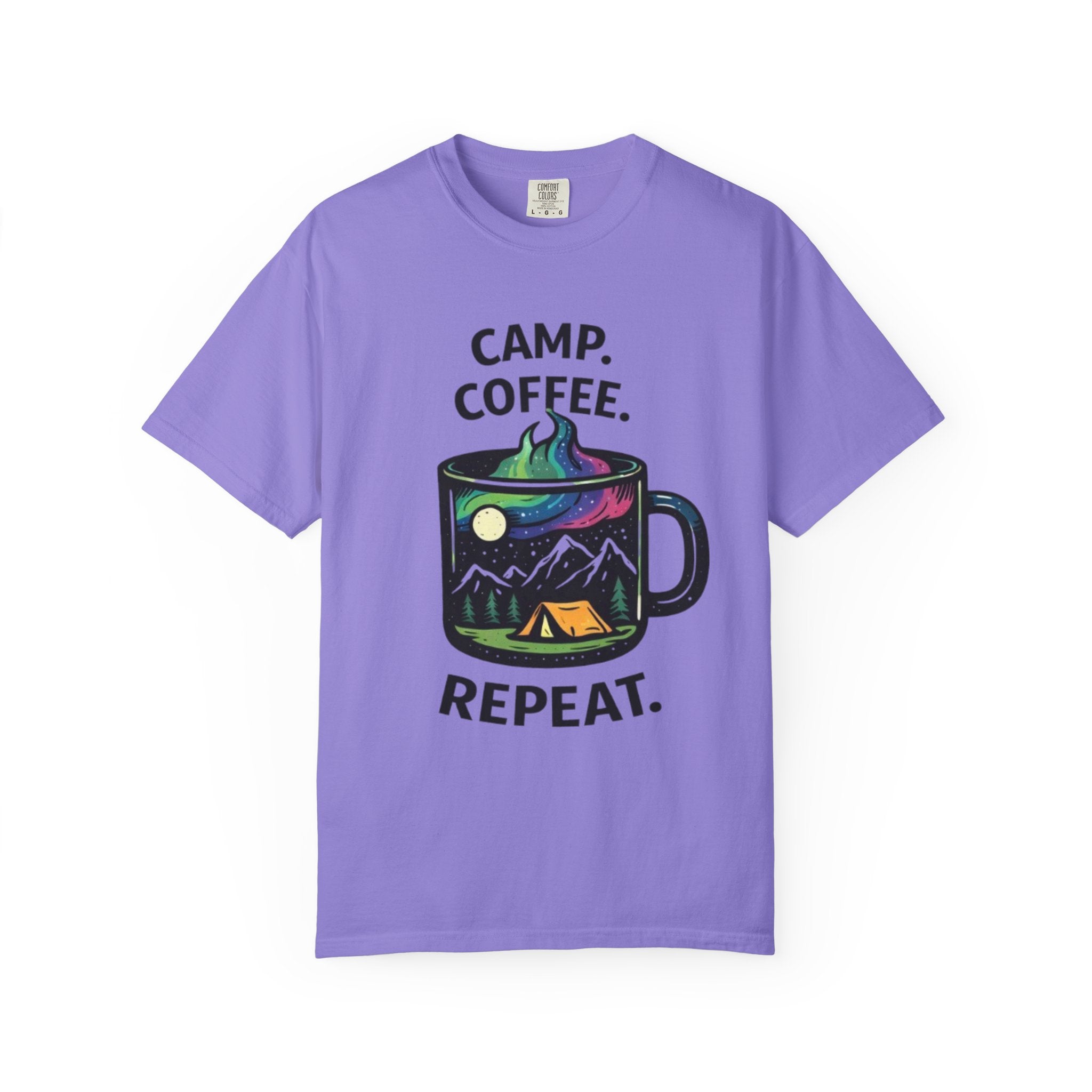 Camp Coffee Repeat T-Shirt | Camping Mug Graphic Tee