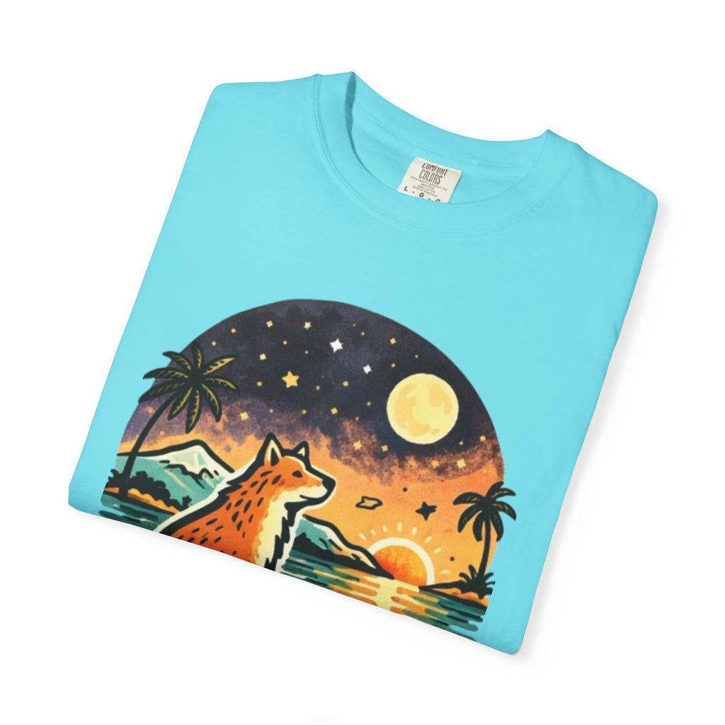 Fox Sunset T-Shirt - Beach Fox Graphic Tee with Skull, Moon & Palm Trees