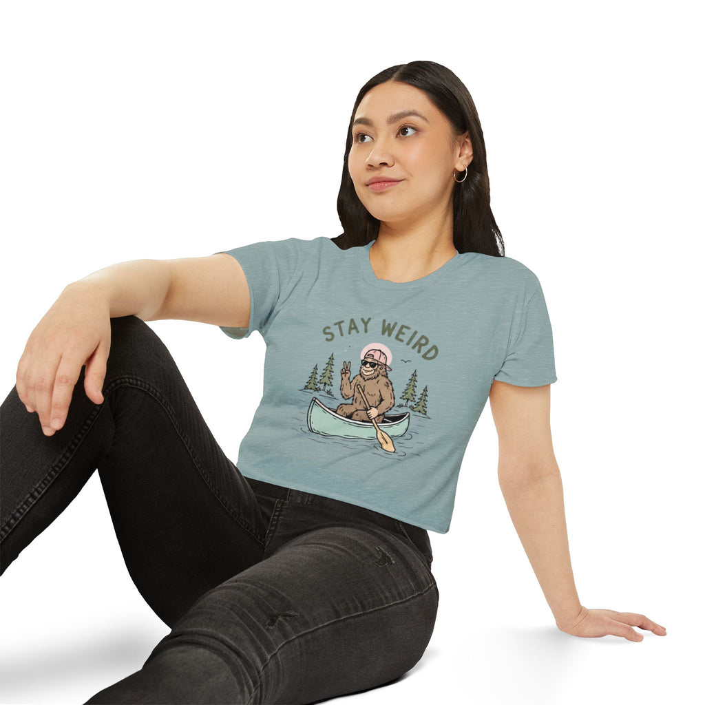 Stay Weird Crop Top | Cute Sasquatch Canoe Graphic Womens Festival Shirt