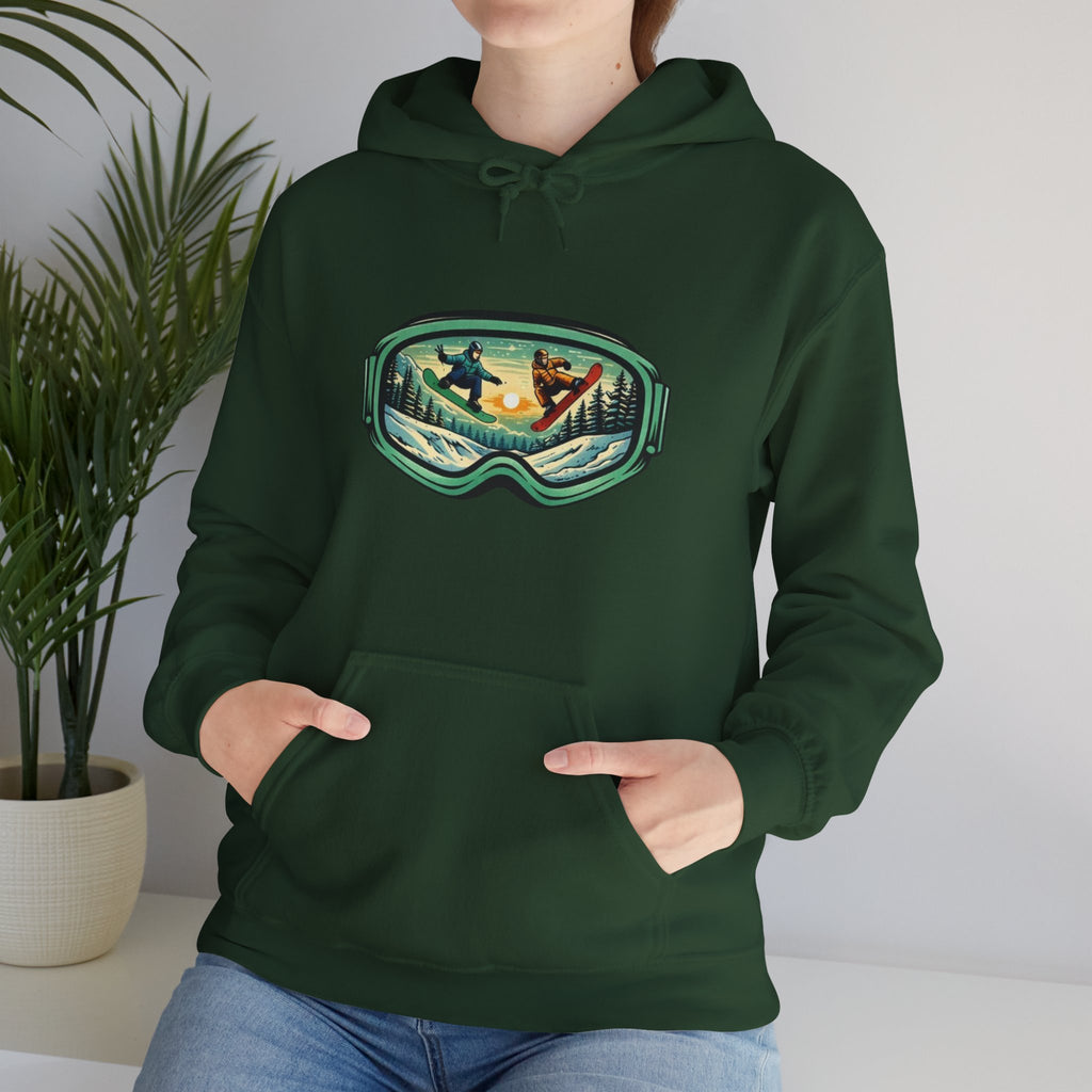 Snowboard Goggles Graphic Hoodie | Winter Mountain Sunset Scene