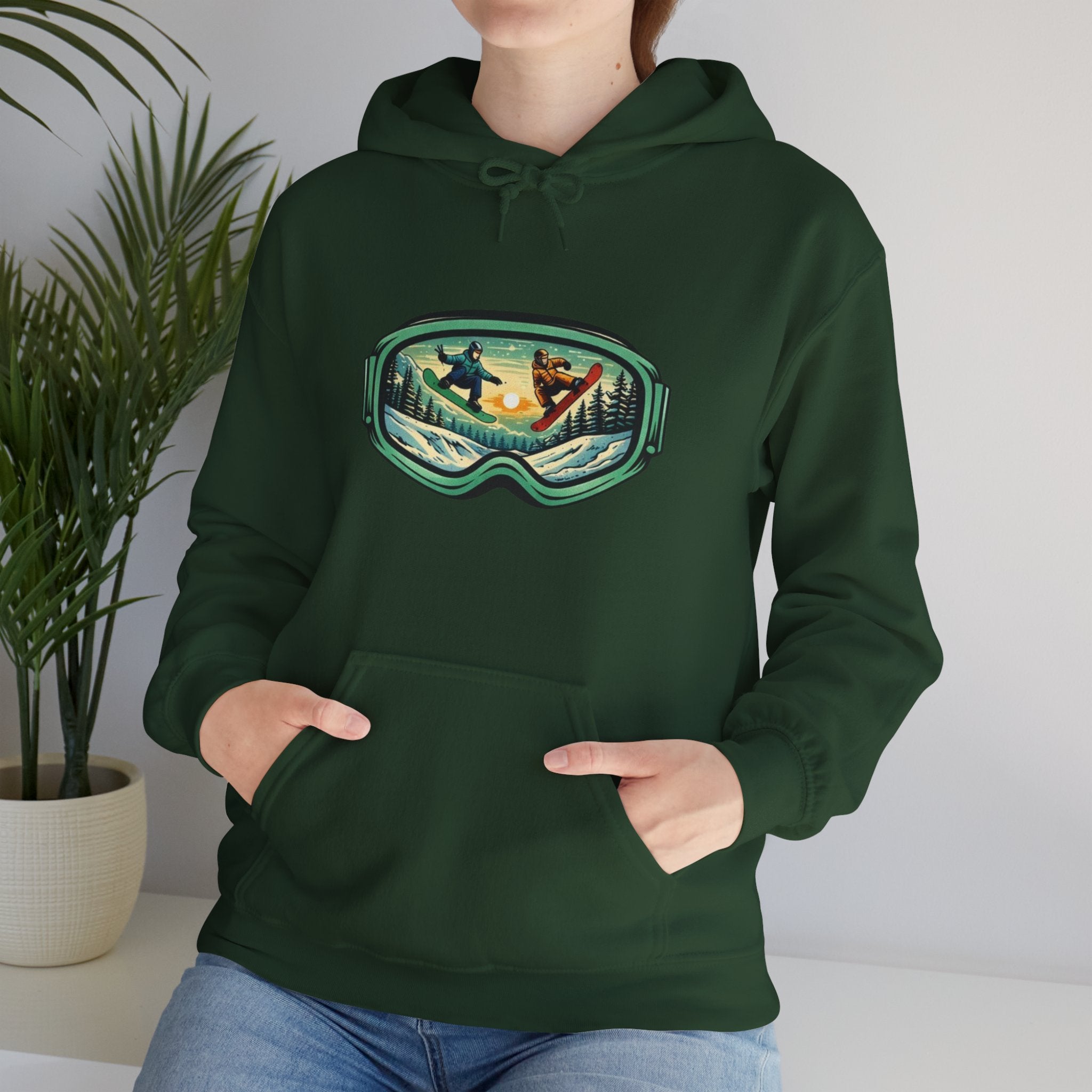 Snowboard Goggles Graphic Hoodie | Winter Mountain Sunset Scene