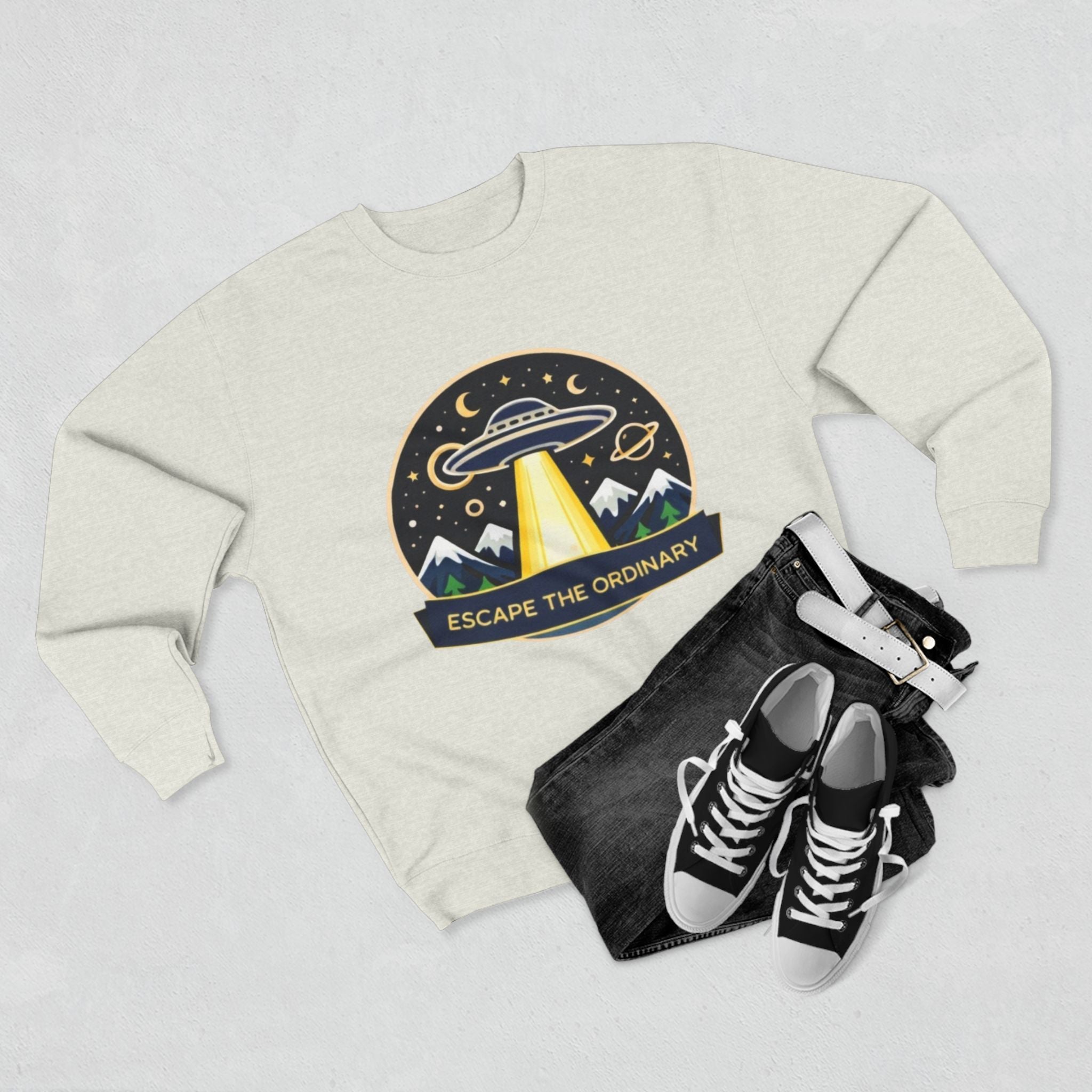 Escape the Ordinary Crewneck Sweatshirt | UFO Adventure Graphic Sweatshirt