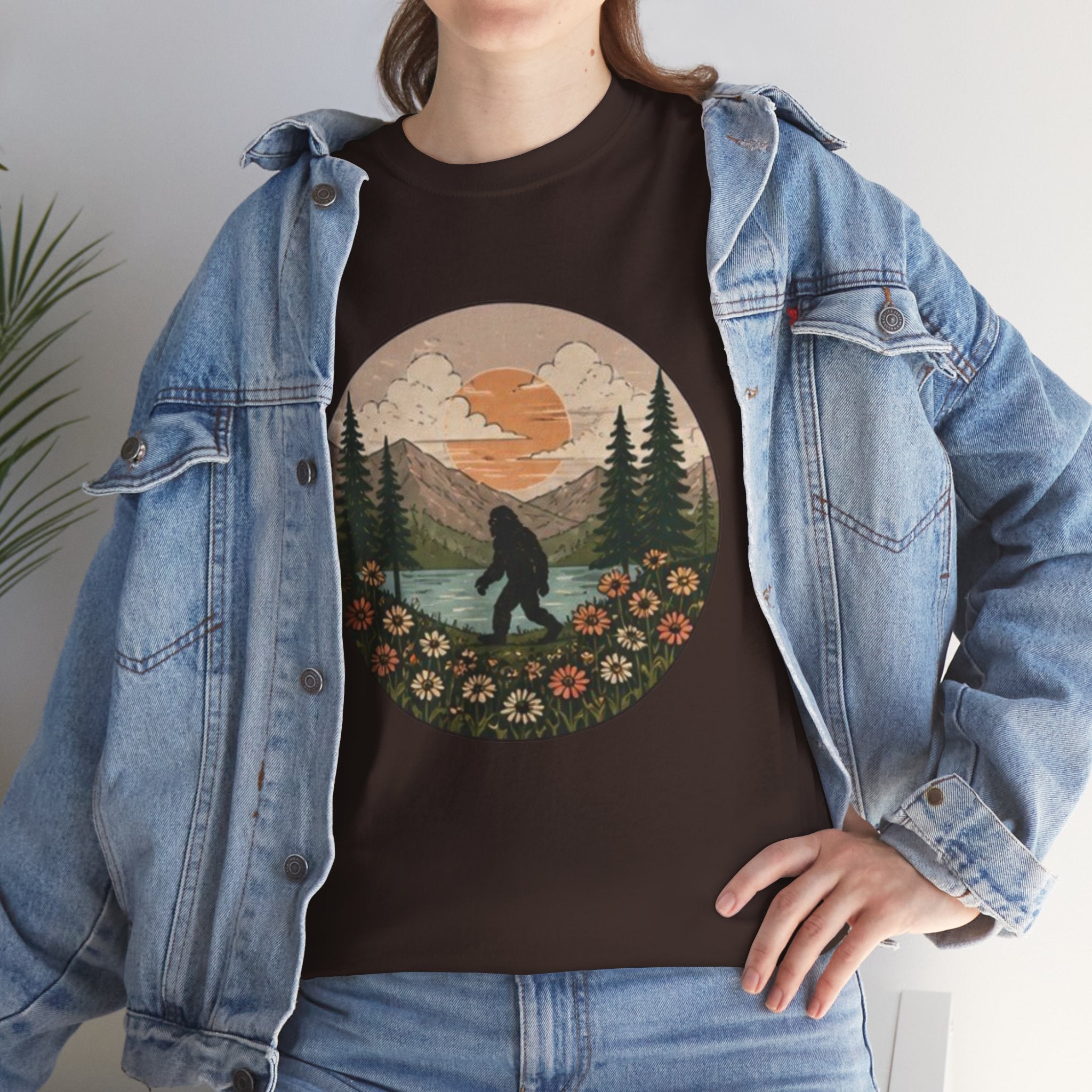Bigfoot Meadow Retro Tee | Vintage Sasquatch with Flowers