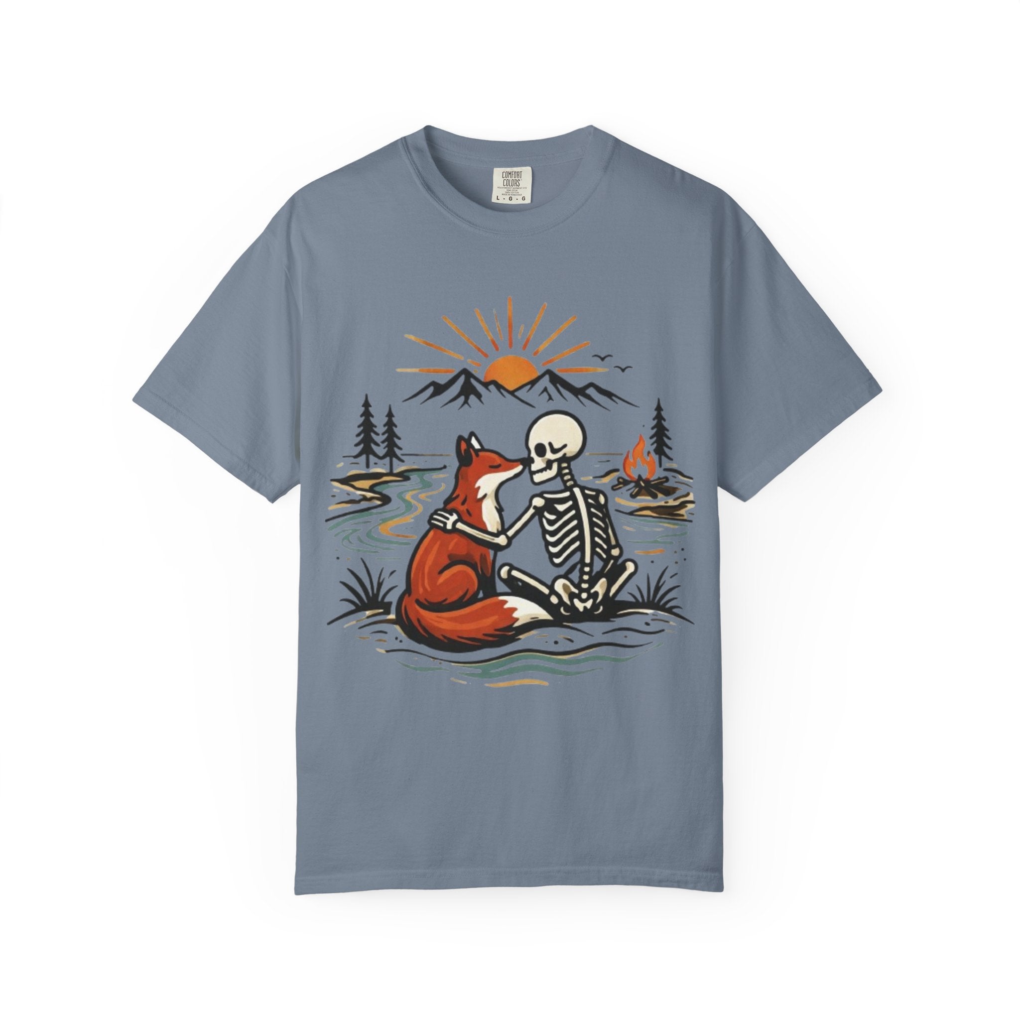 Skeleton & Fox Tee Retro Campfire Nature Graphic T-Shirt