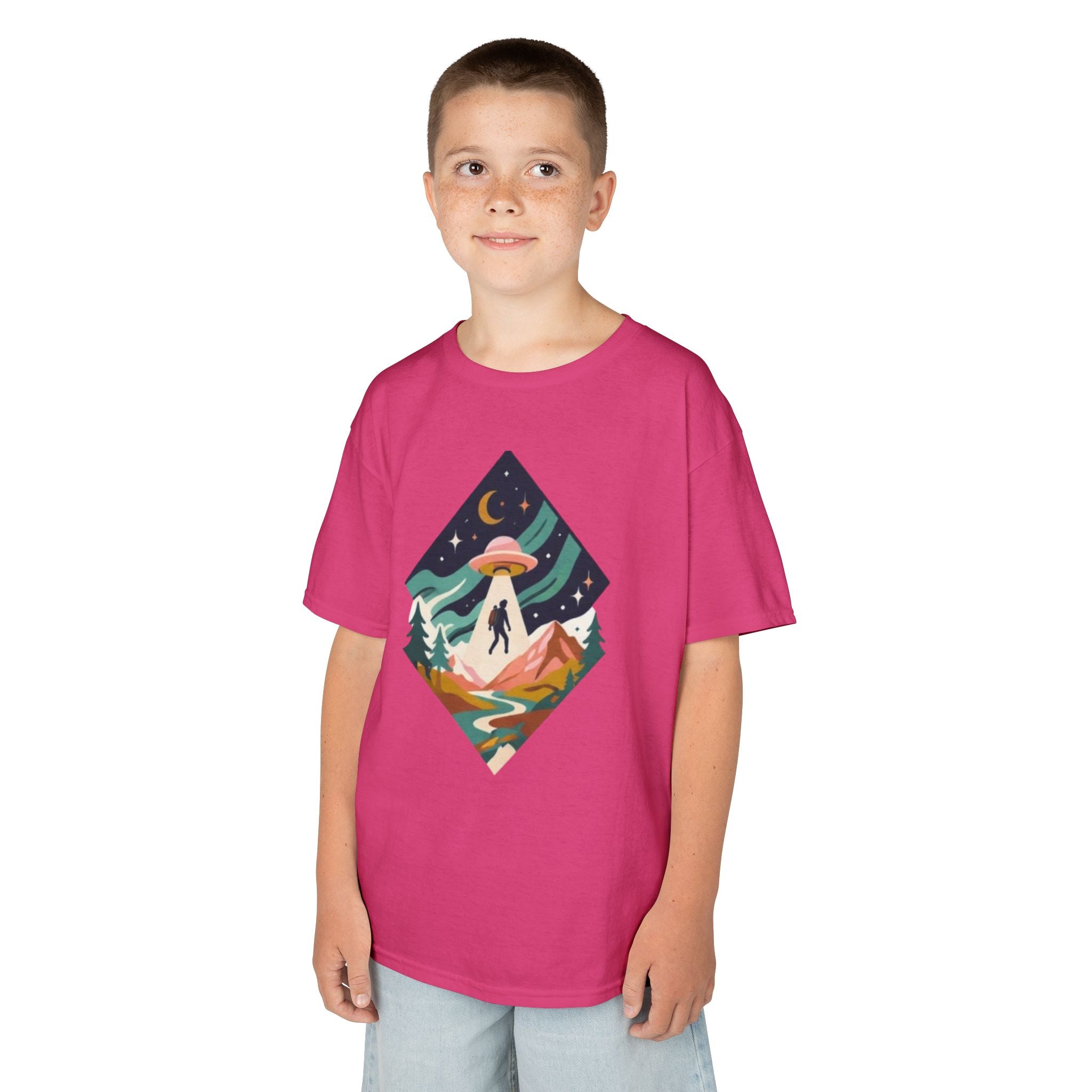Kids Tee | Colorful UFO Abduction Mountain Scene