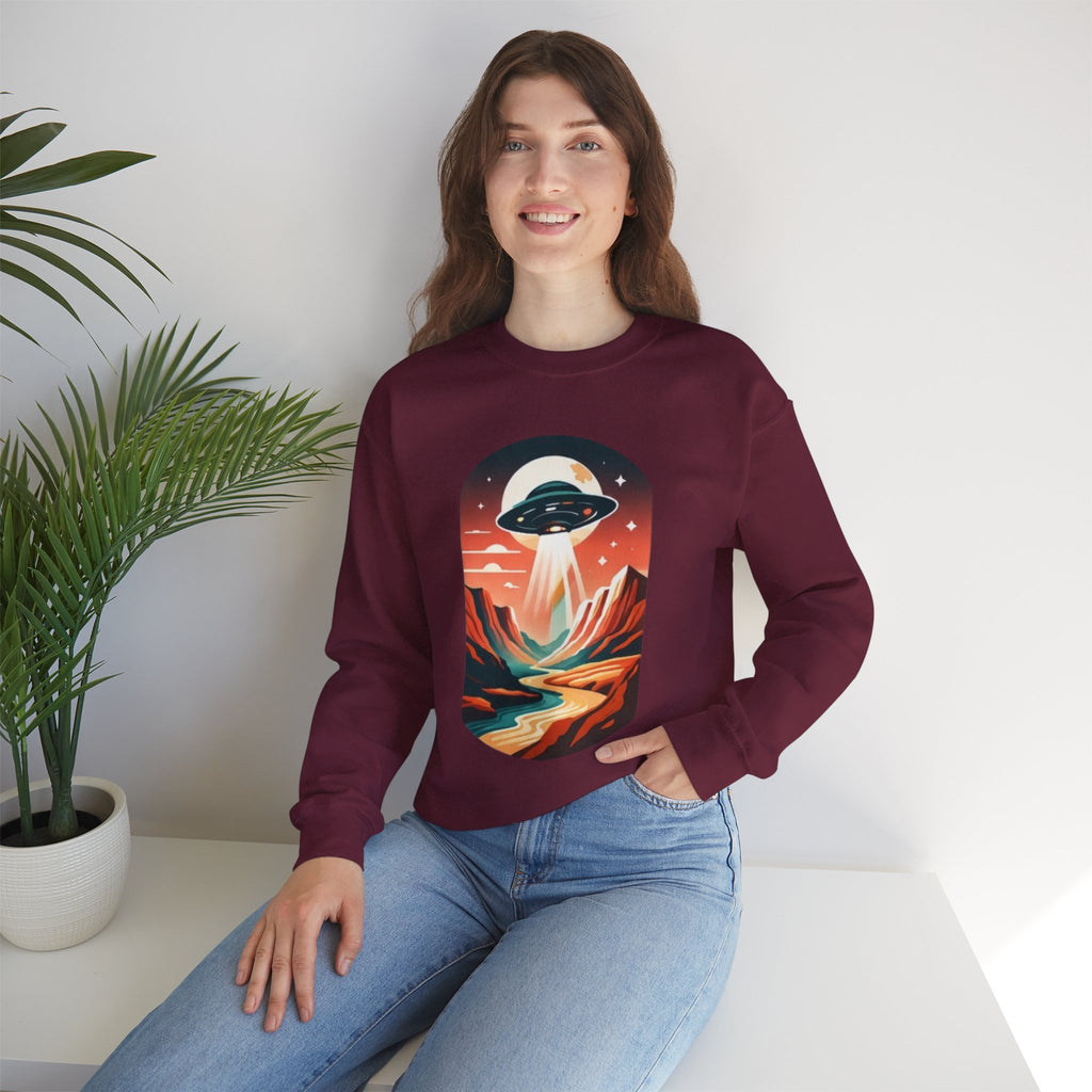 UFO Adventure Crewneck Sweatshirt | Retro Alien Abduction Mountain Graphic