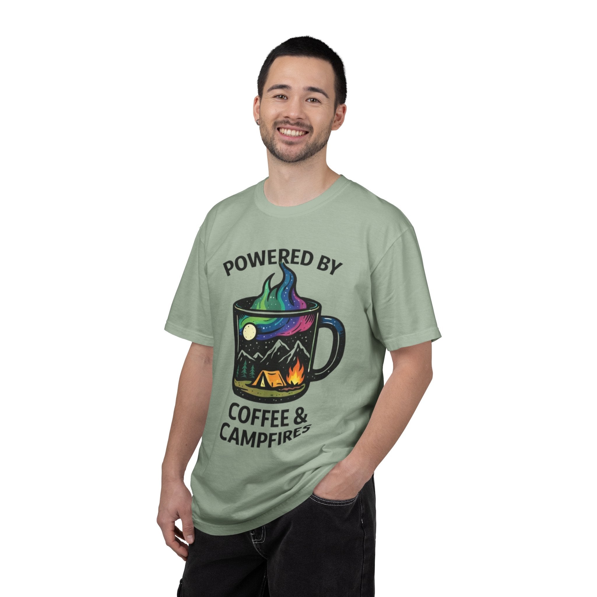 Powered by Coffee & Campfires T-shirt | Camping Mug Nature Graphic