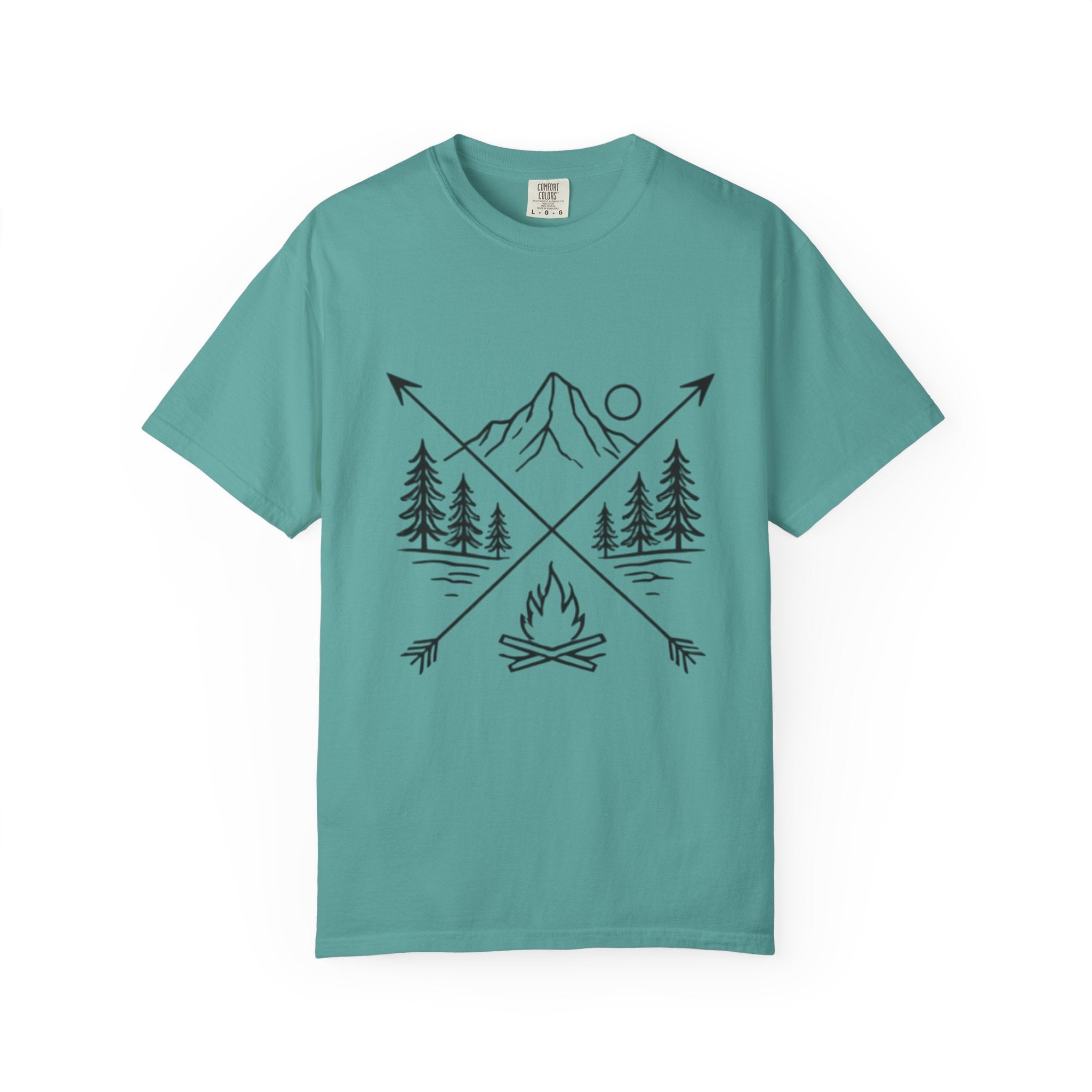 Campfire Mountain T-Shirt | Outdoor Adventure Tee with Arrows & Pines