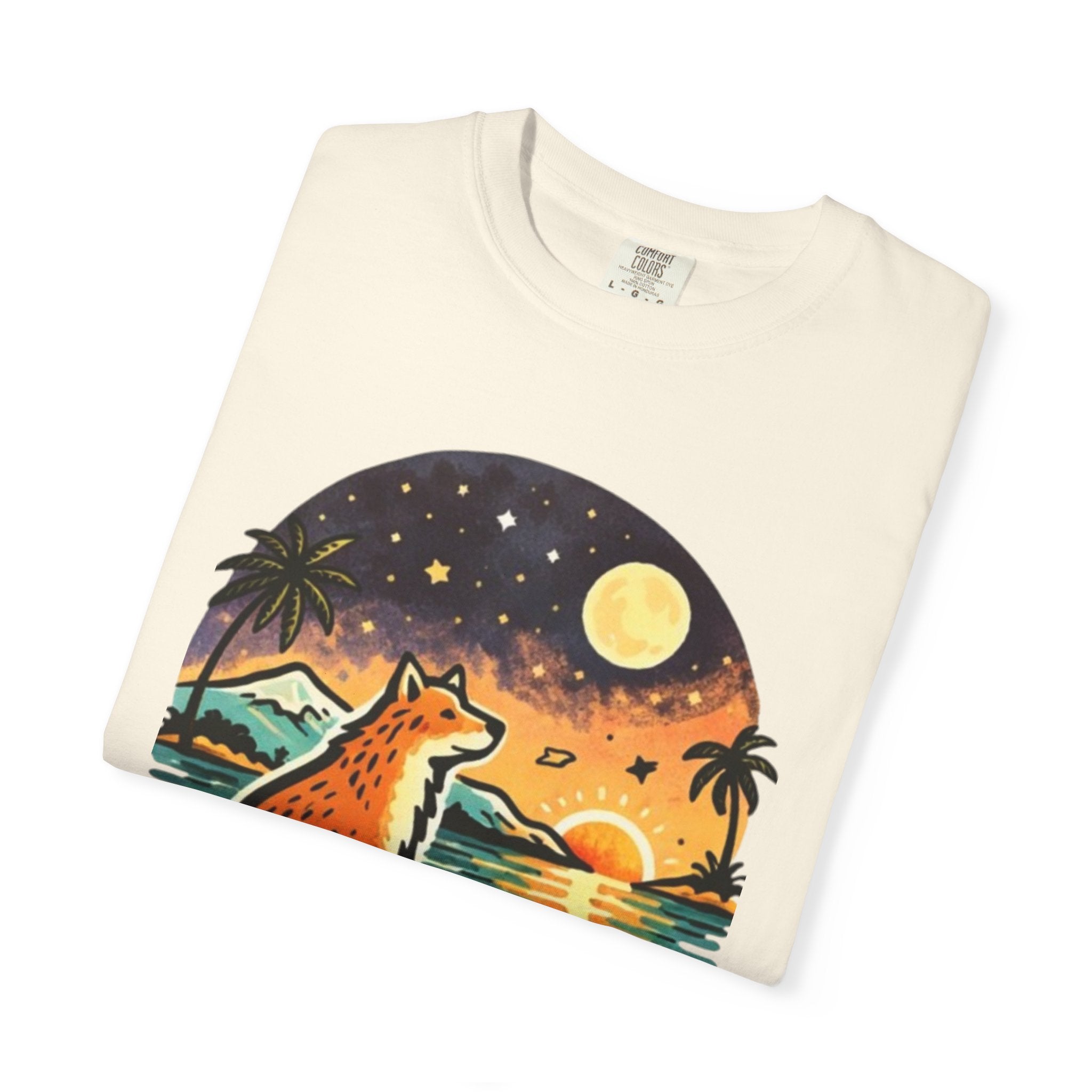 Fox Sunset T-Shirt - Beach Fox Graphic Tee with Skull, Moon & Palm Trees