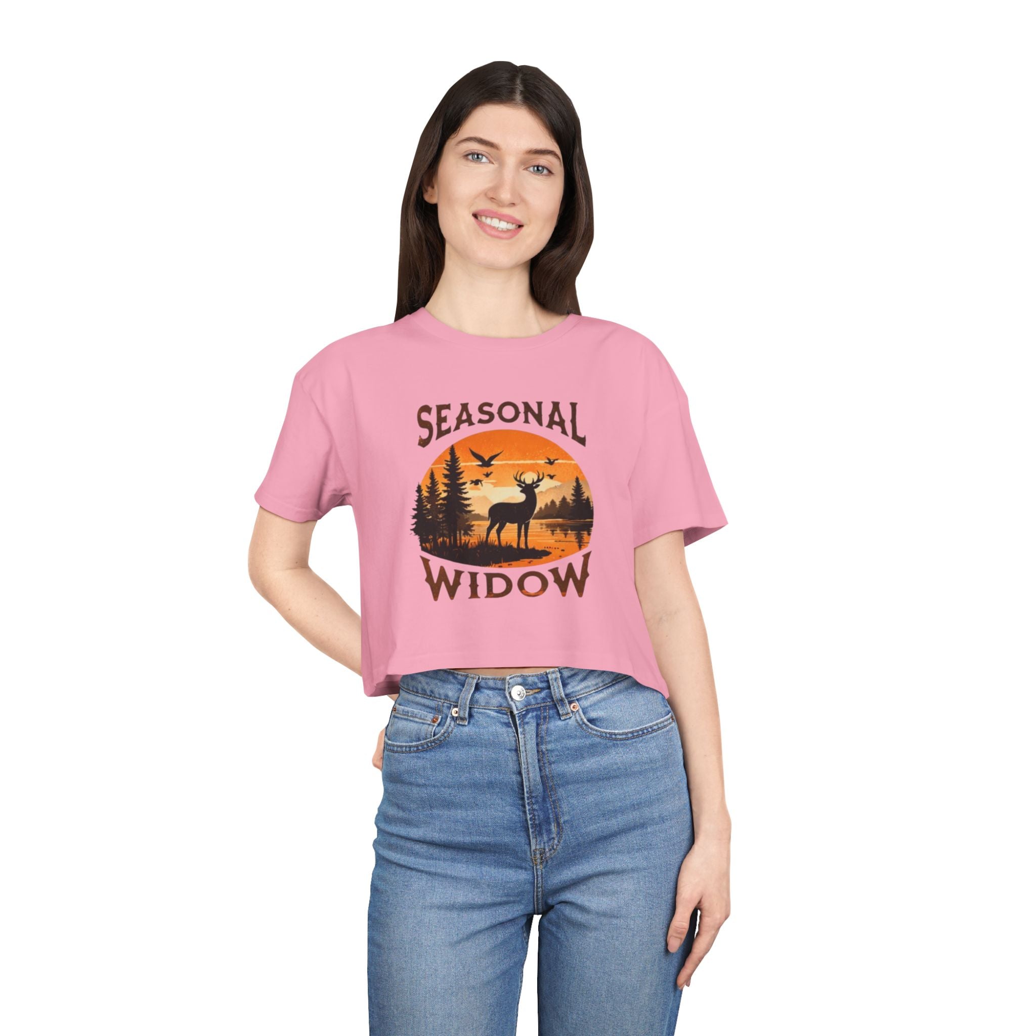 Seasonal Widow Crop Tee | Autumn Hunting Deer Sunset Graphic
