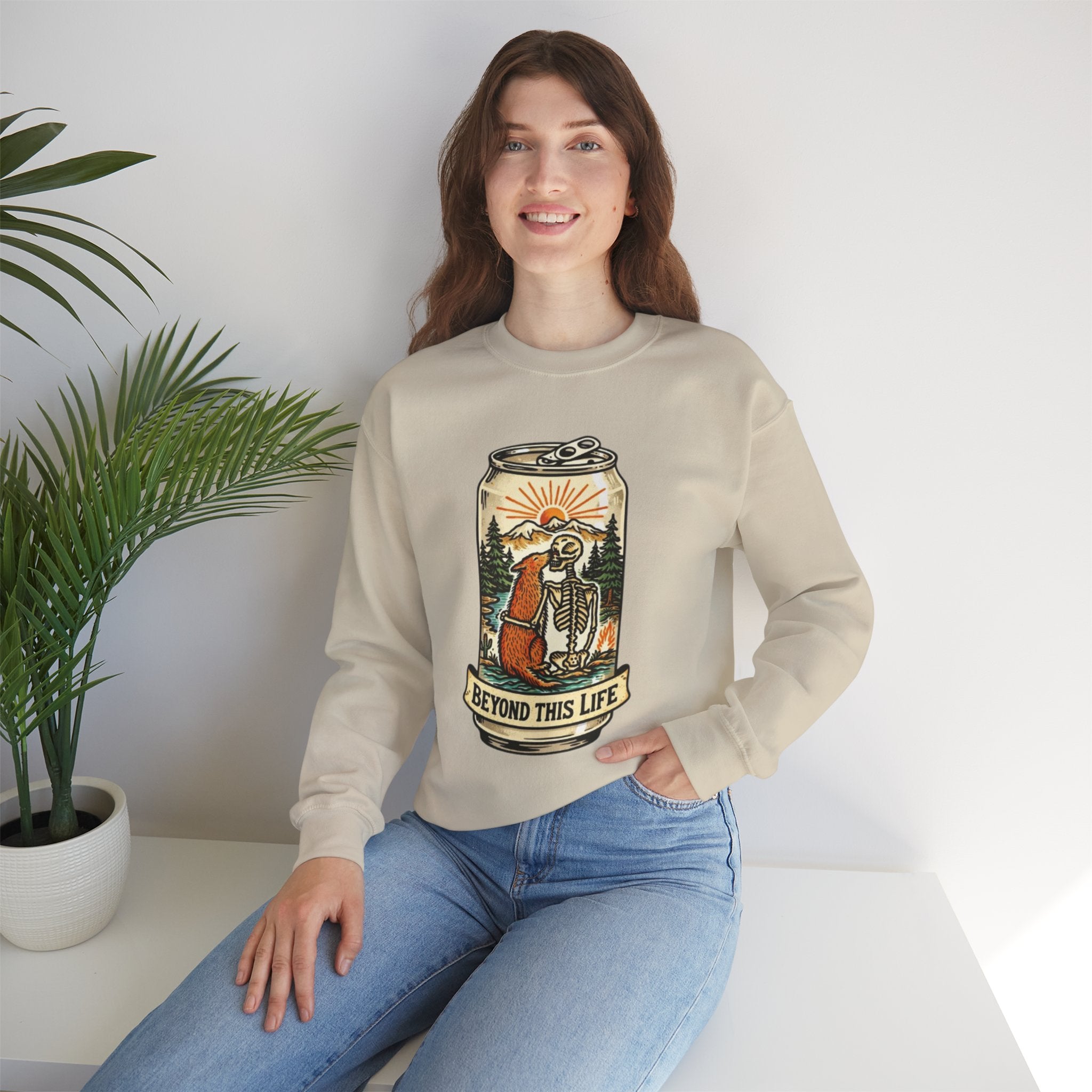 Crewneck Sweatshirt | Beyond This Life Bear & Skeleton Can Graphic