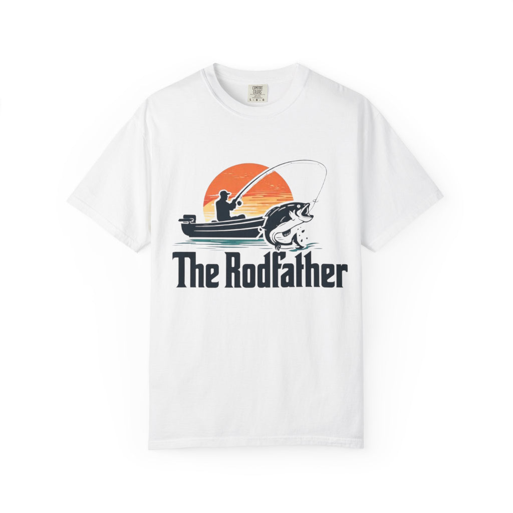 The Rodfather fishing silhouette T-Shirt | Bass boat sunset design