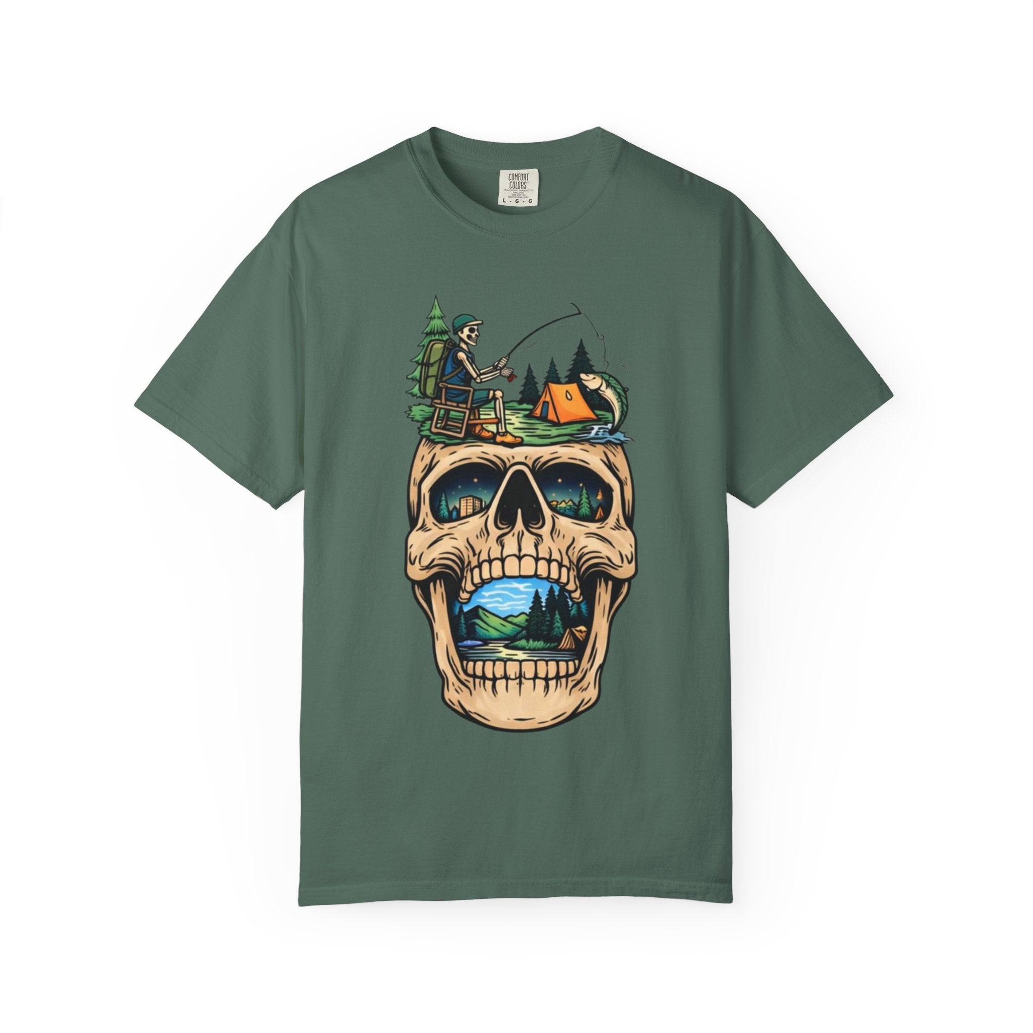 Skull Camping Scene T-shirt | Fishing, Tent, Forest Outdoor Graphic