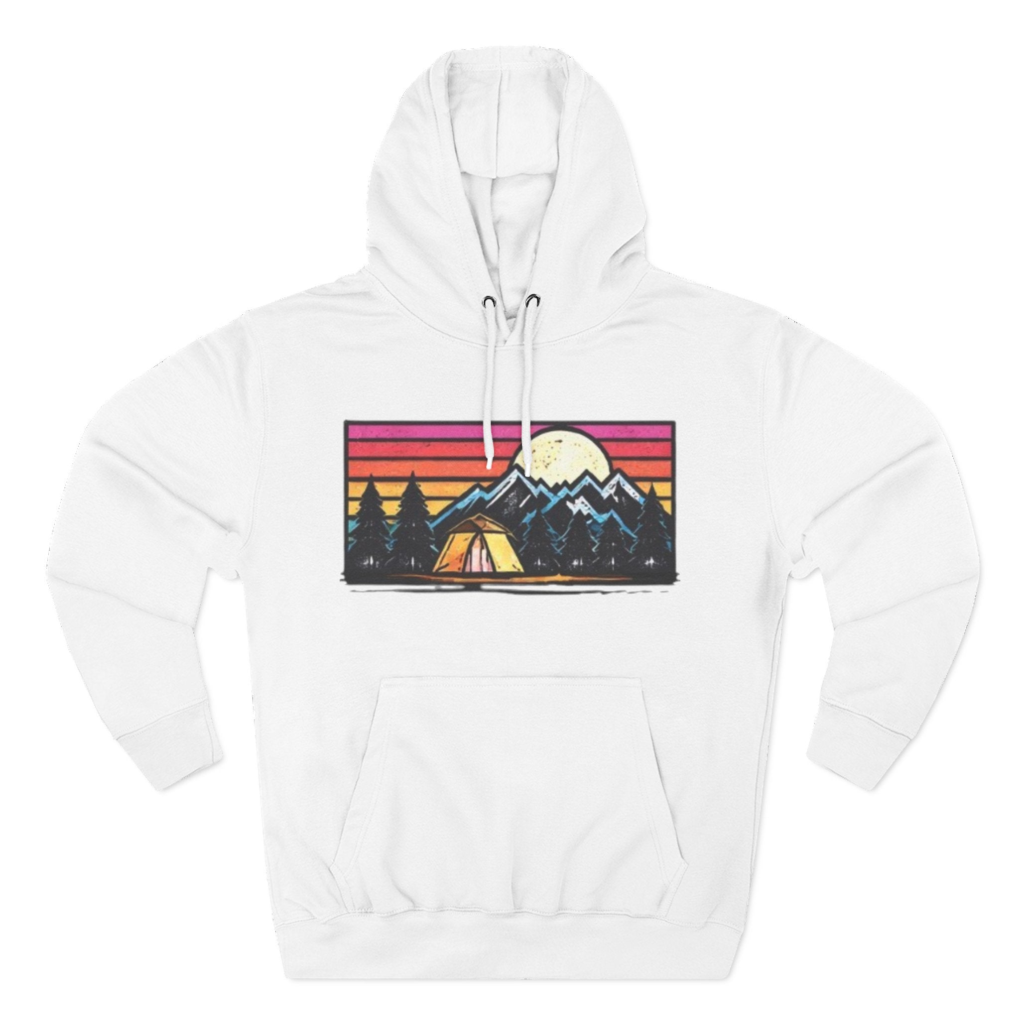 Retro Mountain Camping Hoodie — Sunrise Tent Graphic Fleece Hoodie