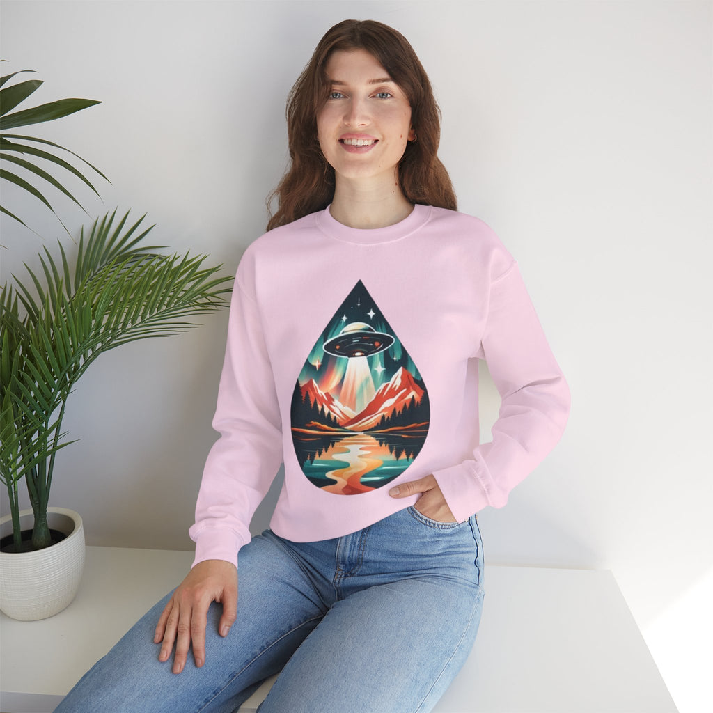UFO Mountain Crewneck Sweatshirt | Retro Alien Landscape Graphic