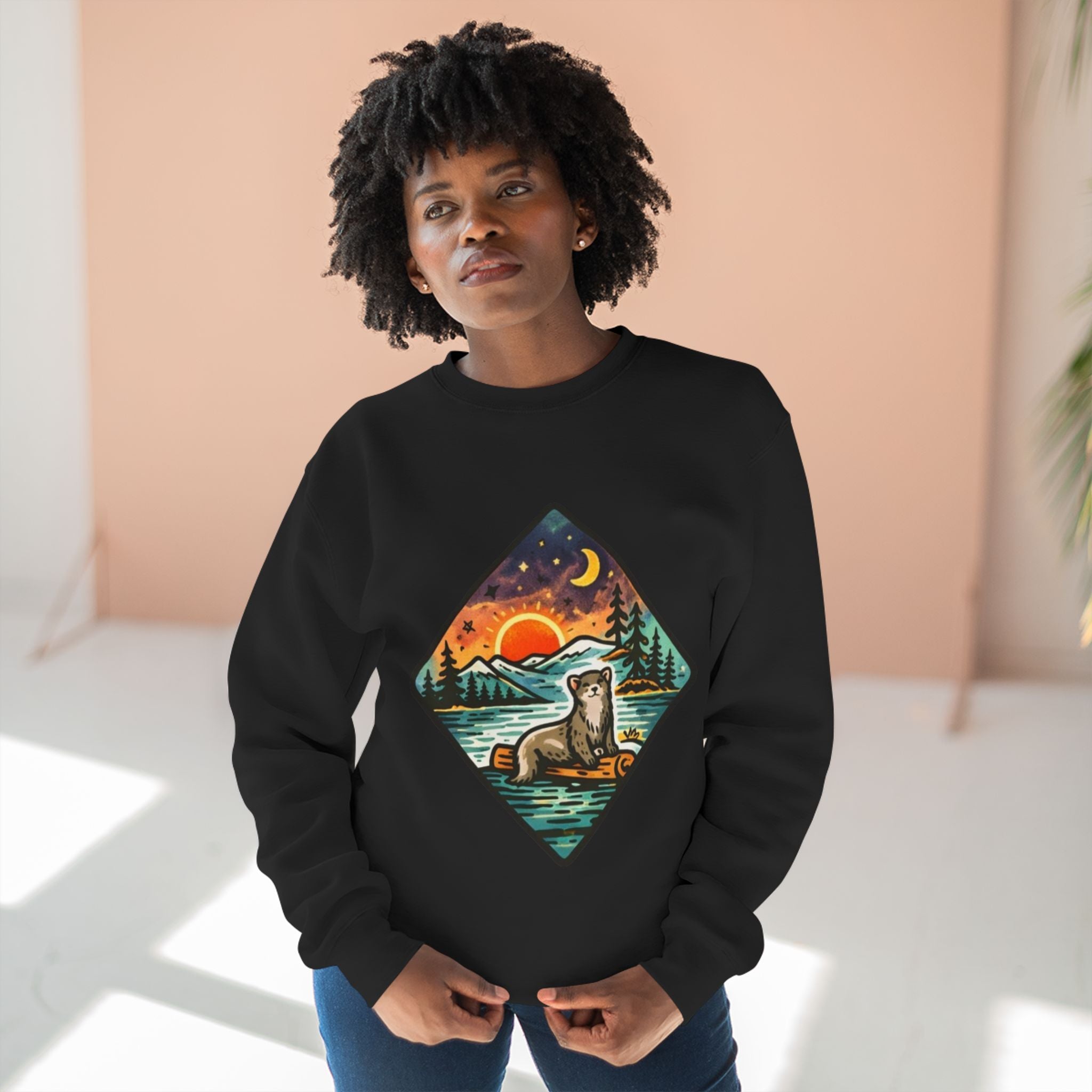 Otter Sunset Crewneck Sweatshirt | Retro Nature Graphic