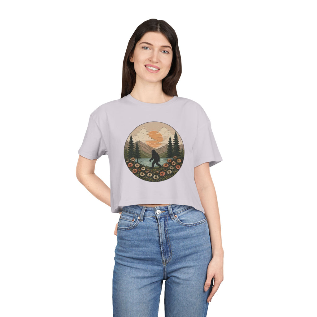 Bigfoot Sunset Crop Tee | Retro Mountain Floral Sasquatch Design